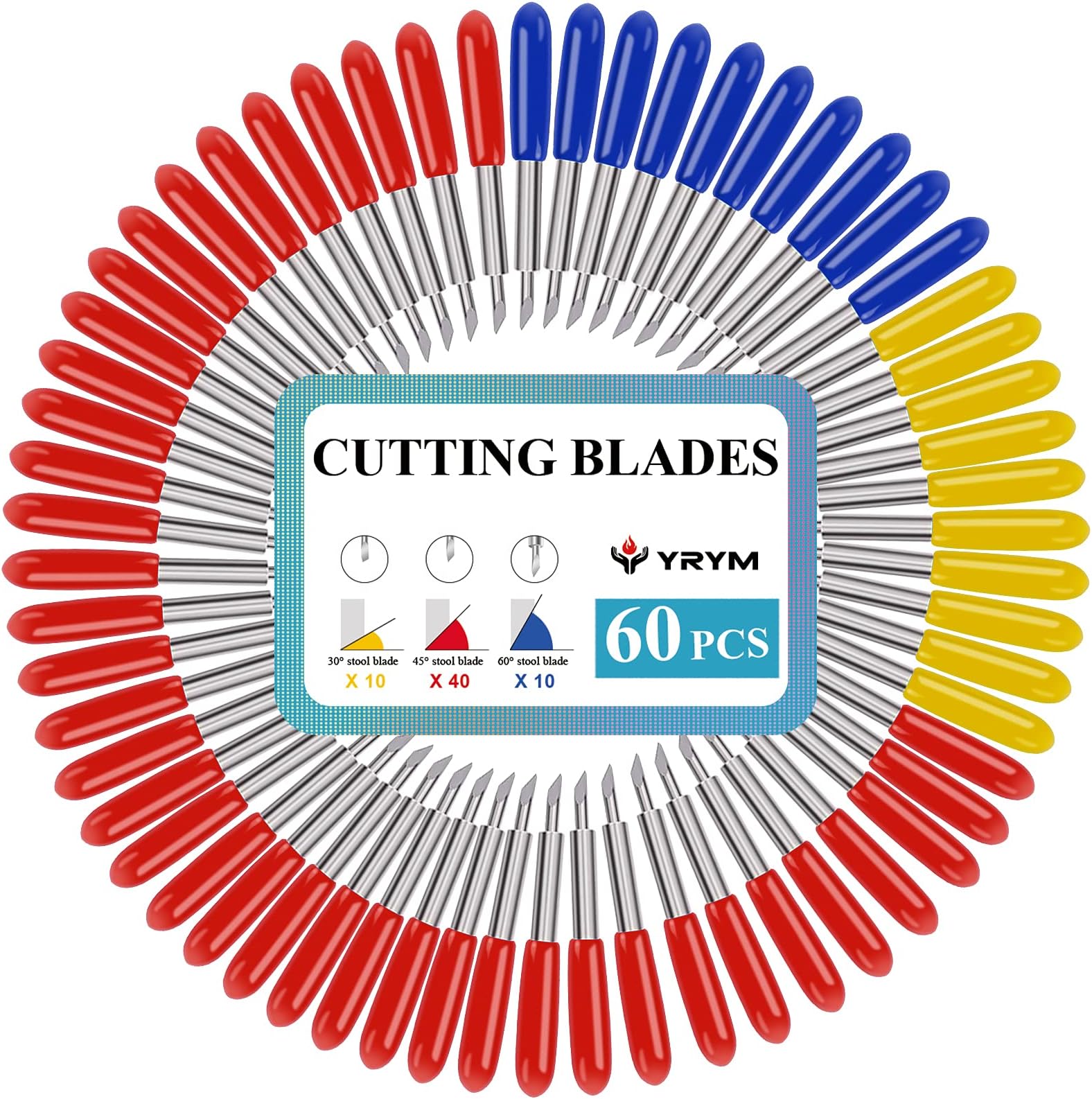 YRYM 60PCS Replacement Cutting Blades Intended for Cricut Explore Air - 10PCS 30°Fine Point Cutting Blades, 40PCS 45°Standard Blades and 10PCS 60°Deep Cut Blades