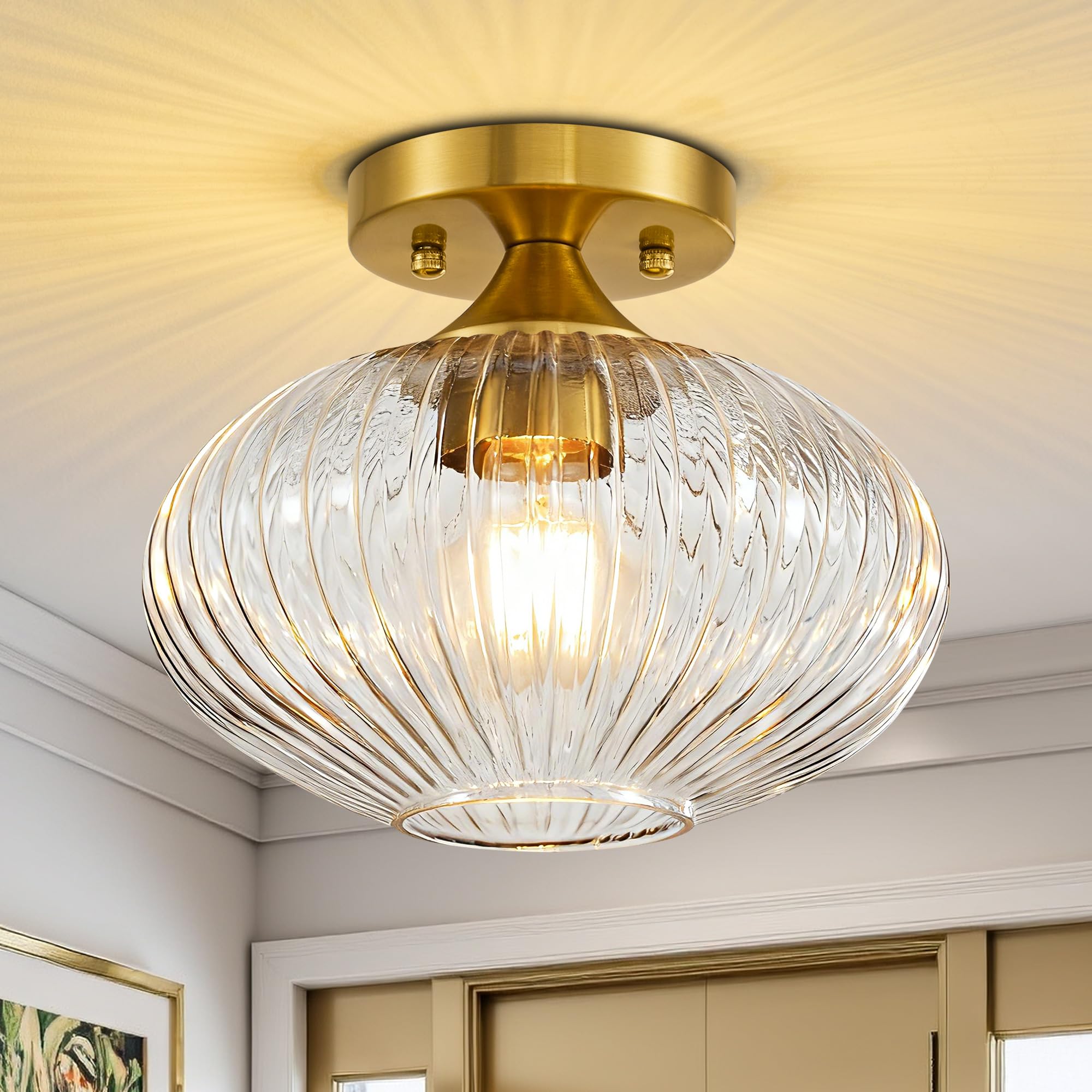 Actask Ceiling Lights, 9.45'' Gold Chandeliers Ceiling Light, 1-Light Semi Flush Ceiling Lighting Fixture with Clear Striped Glass Shade for for Hallway Bedroom Kitchen Dining Room