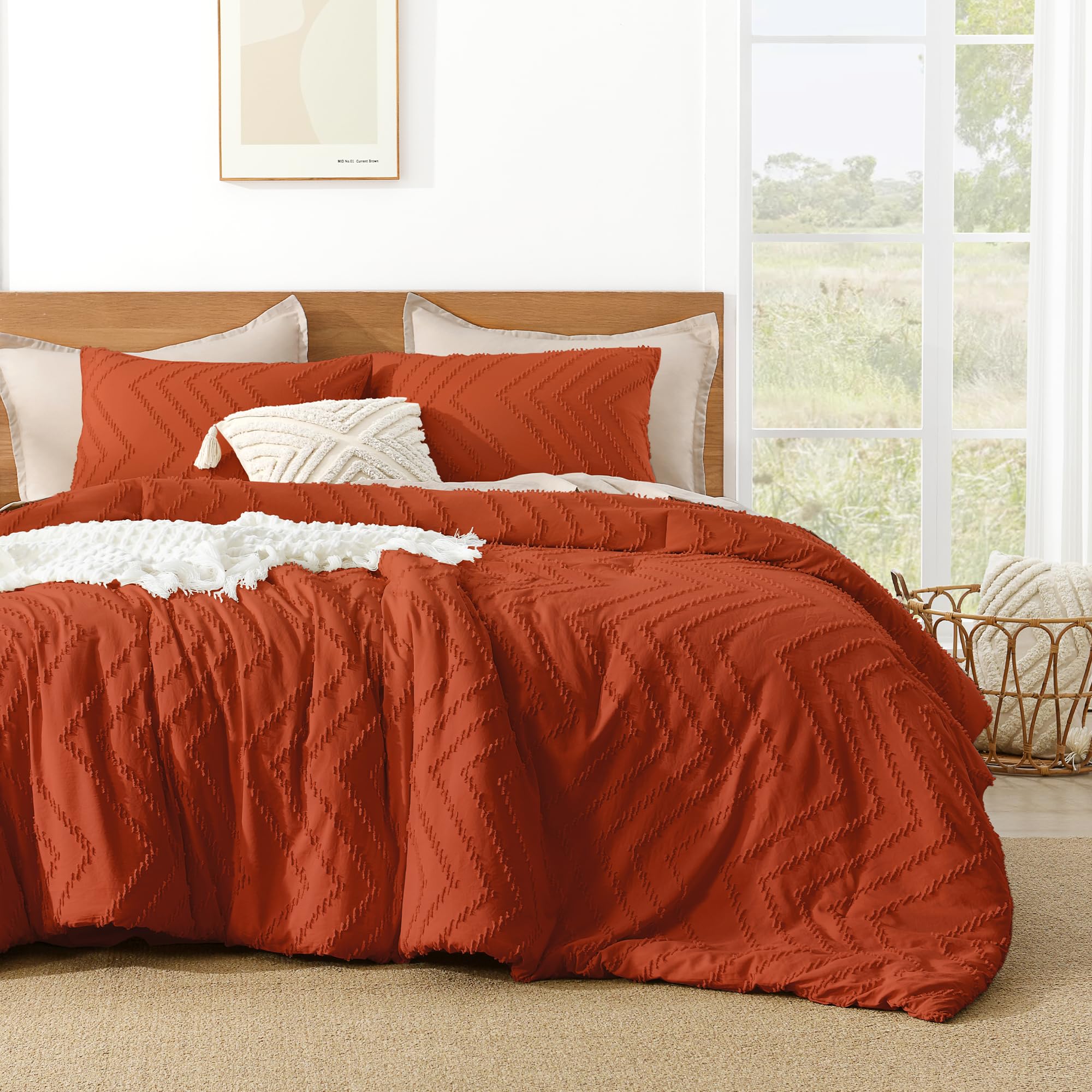 Litanika Burnt Orange Boho Queen-Size, komplet pościeli, terakota, lekka, puszysta, rdzawo-tuftowany design (228 x 228 cm, 1 poszwa na kołdrę i 2 poszewki na poduszki)