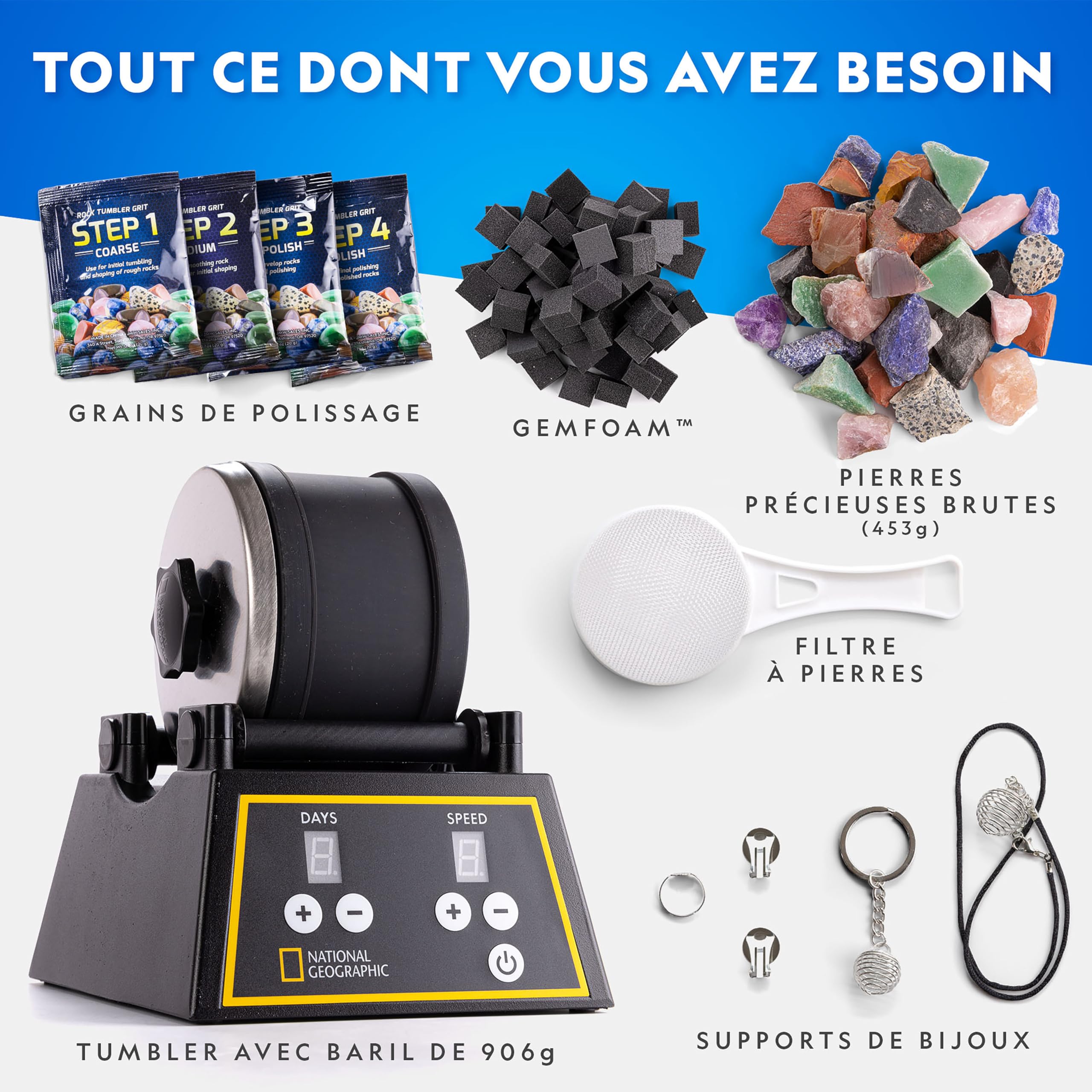 National Geographic – Tonneau de Polissage de Pierres Professionnel – Kit Complet avec Tonneau de 907 g, Pierres, Poudres Abrasives et Mousse GemFoam, Kit Scientifique Éducatif STEM