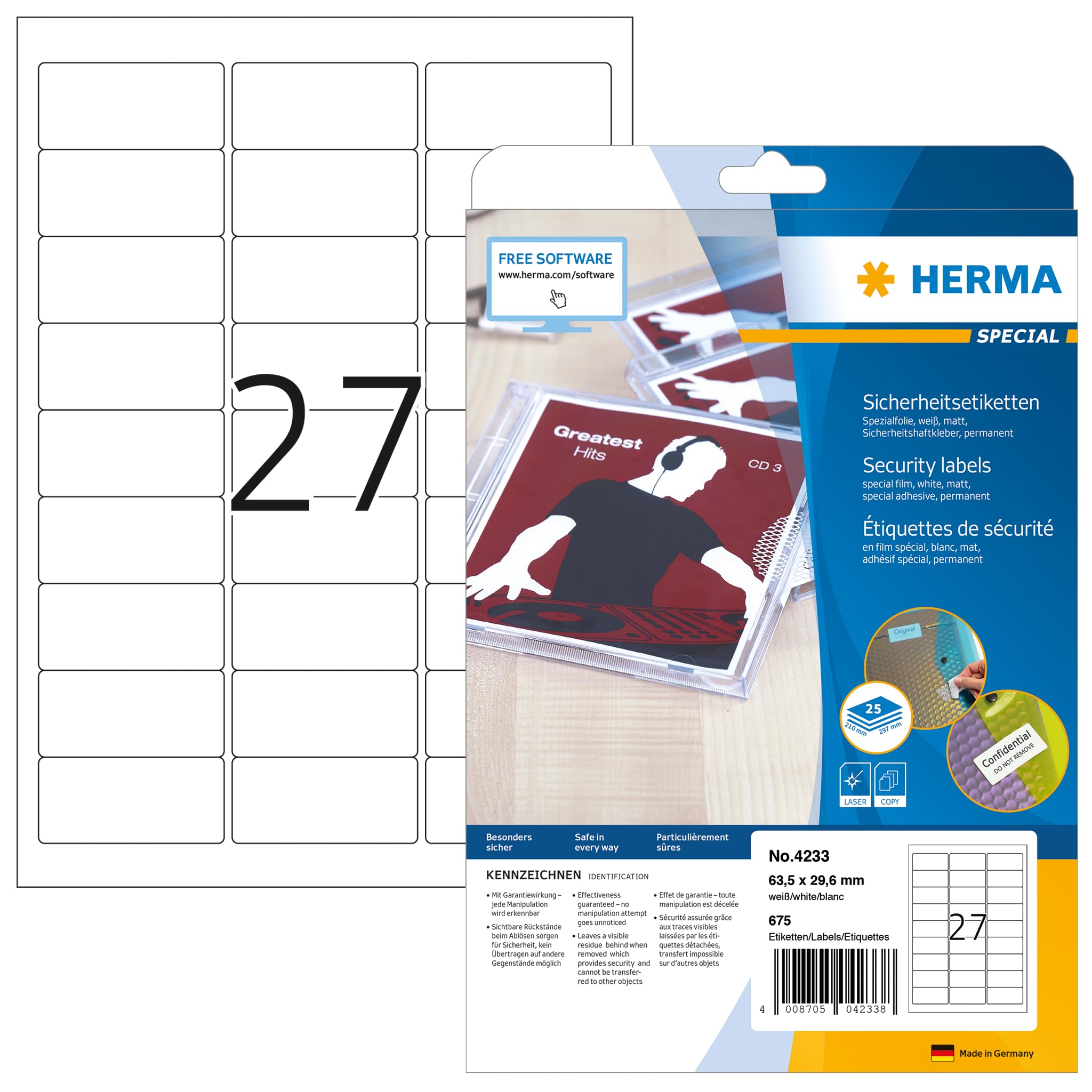 HERMA 4233 Sicherheitsetiketten gegen Manipulation, 25 Blatt, 63,5 x 29,6 mm, 27 pro A4 Bogen, 675 Stück, selbstklebend, bedruckbar, matt, blanko Klebeetiketten Aufkleber aus Spezialfolie, weiß