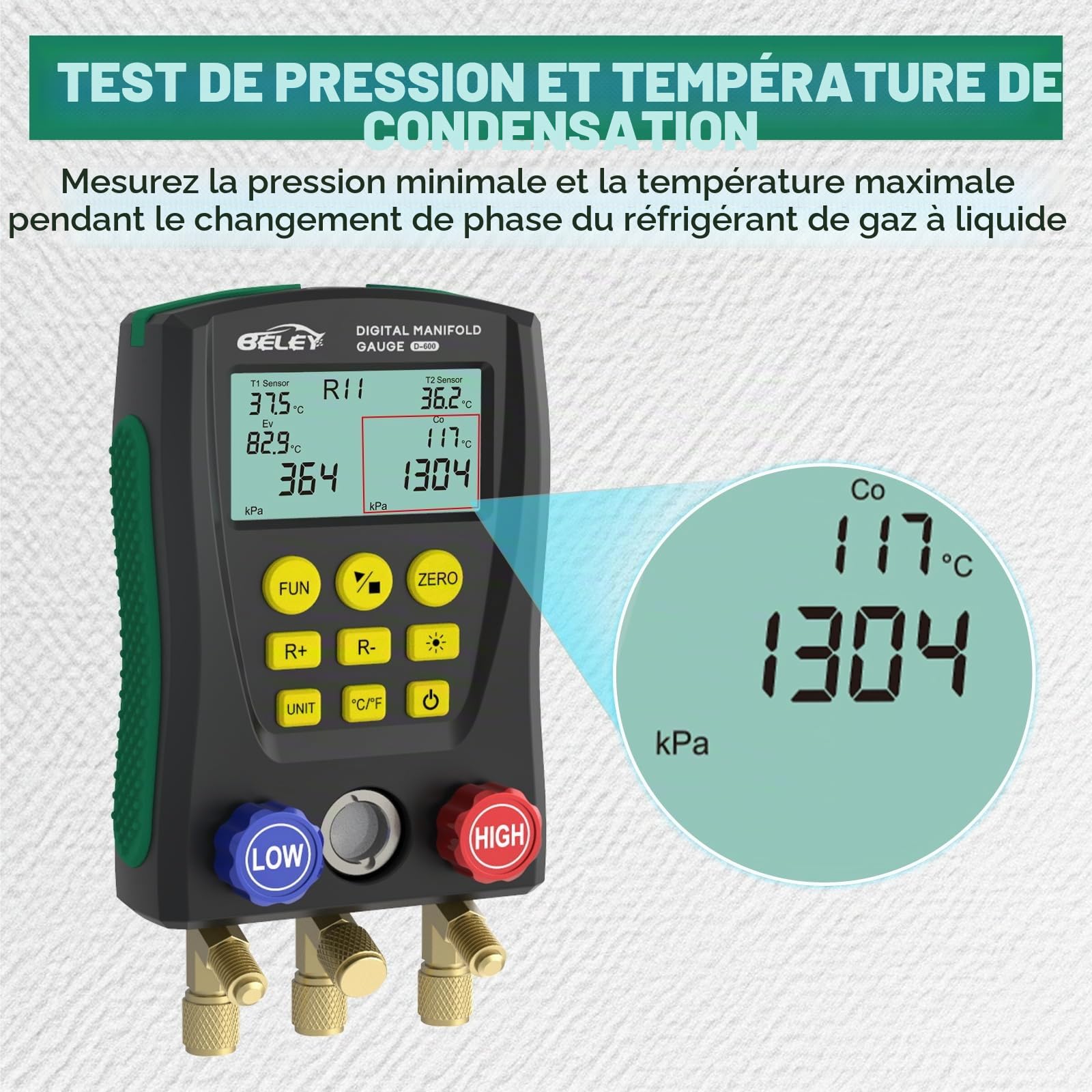 R32 R410a Manomètre à Réfrigérant Numériqueavec Deux Pinces de Température, Commande à Deux Vannes Manometre Climatisation avec 93 Types de Réfrigérants, pour Diagnostic & Maintenance Frigorifique