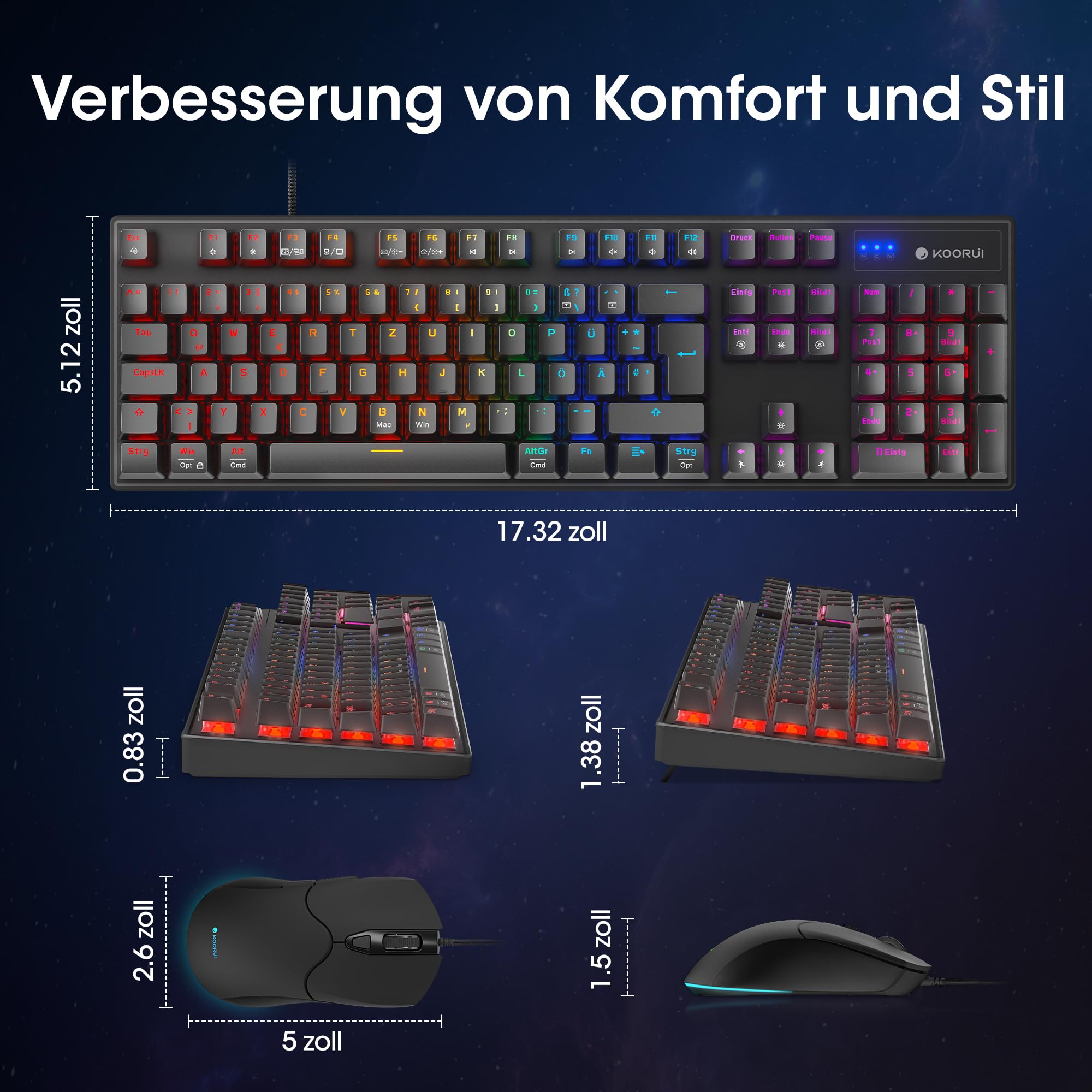 KOORUI Set tastiera e mouse da gioco, set tastiera mouse meccanico DE QWERTZ layout 12 tasti funzione Tastiera e mouse ergonomici USB con 6 pulsanti 320DPI per Win, MacOS, Linux Red Switch