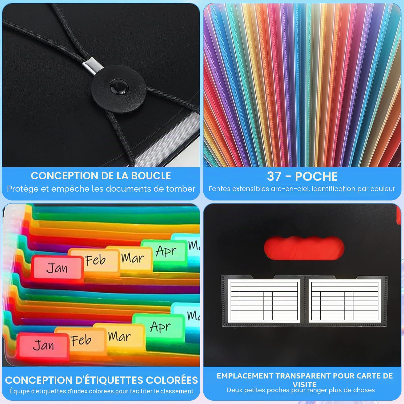 Organiseur de documents extensible à 37 poches A4 - Dossier de classement portable en accordéon pour factures, papiers, école, bureau