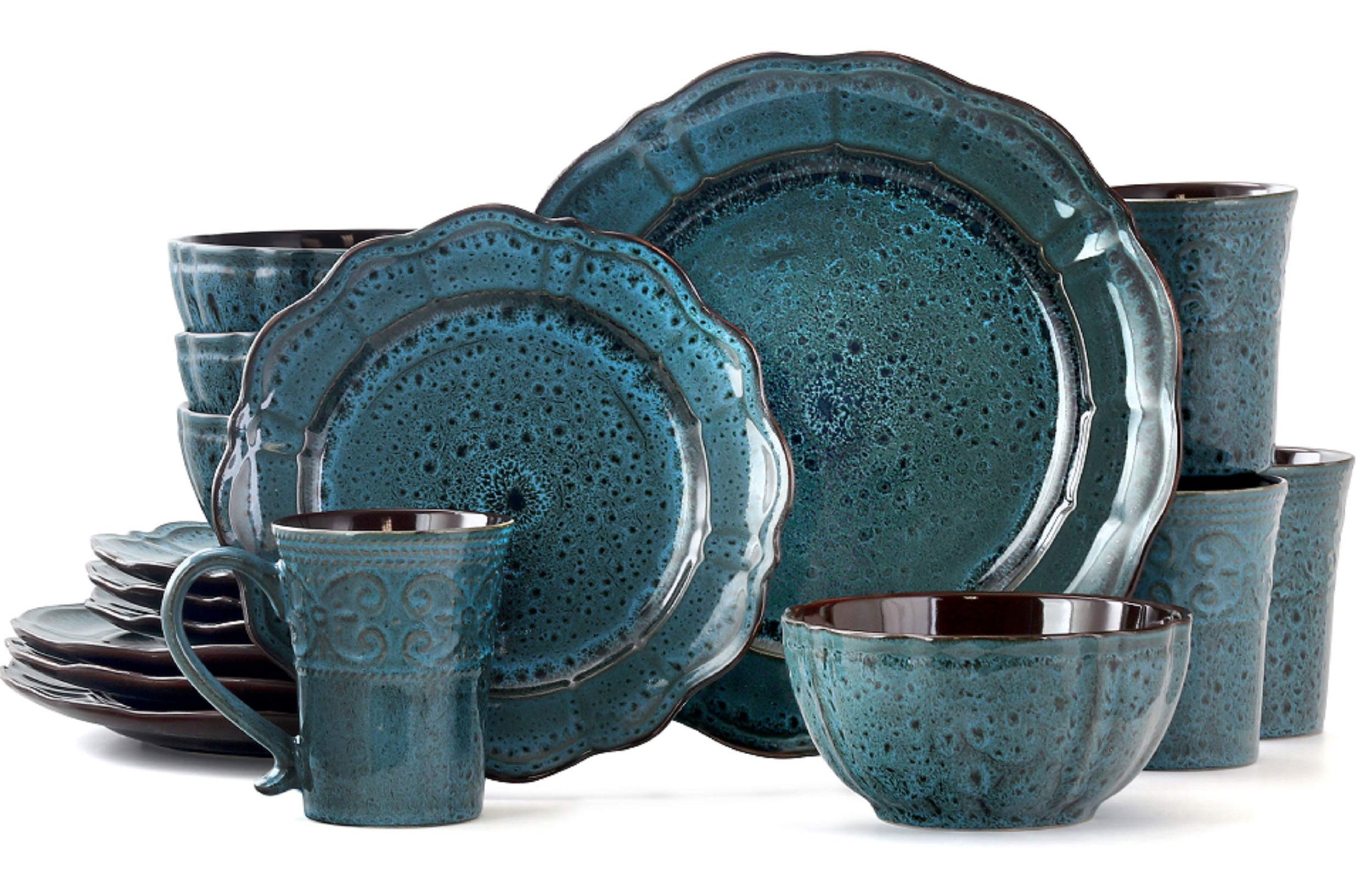 ElamaLavish Blue 16 Piece Round Stoneware Dinnerware Set in Blue