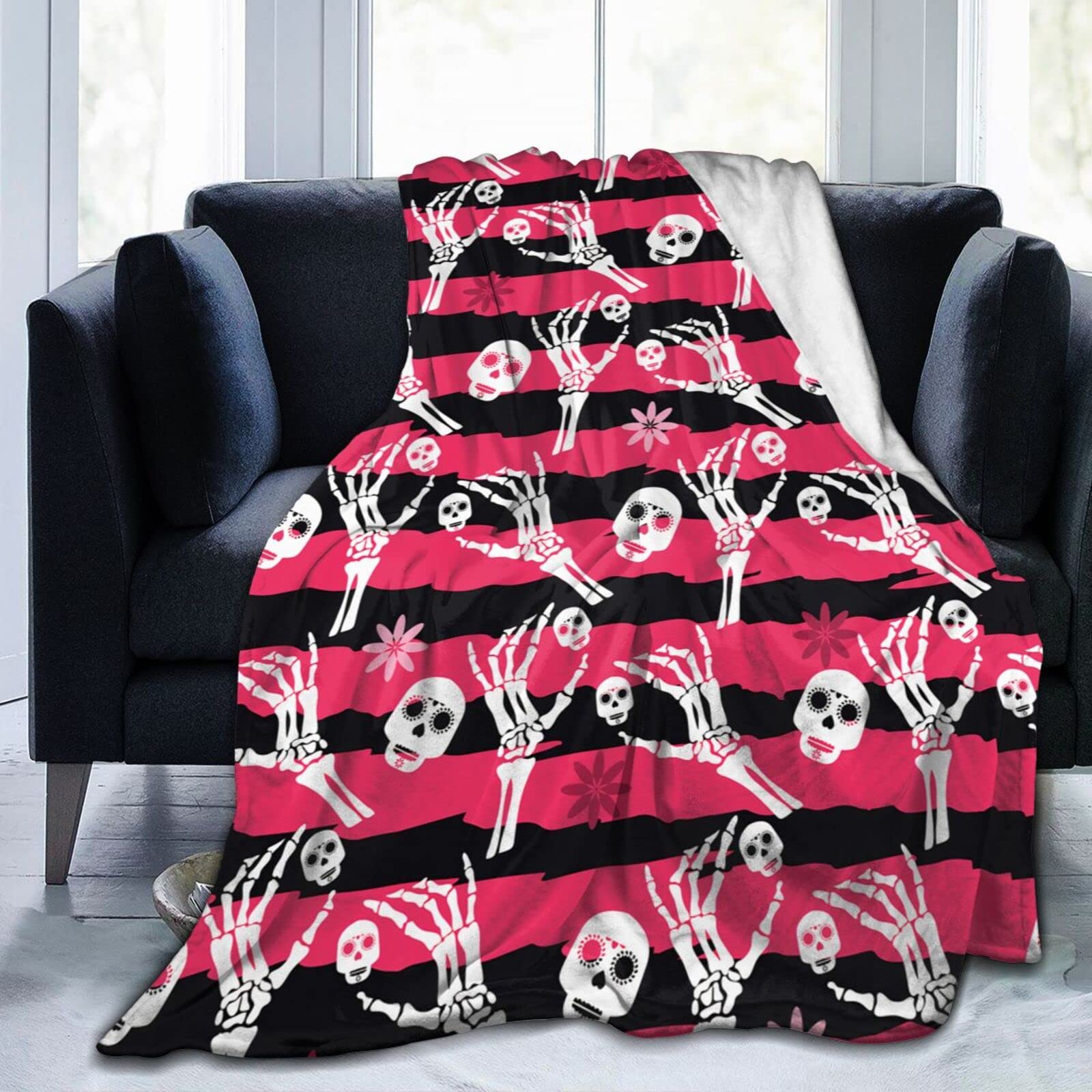 Lsjuee Flower Sugar Skull Blanket Halloween Throw Blankets Home Decor Funny Skeleton for Women Men Cozy Flannel Bed Blanket 80"X60"