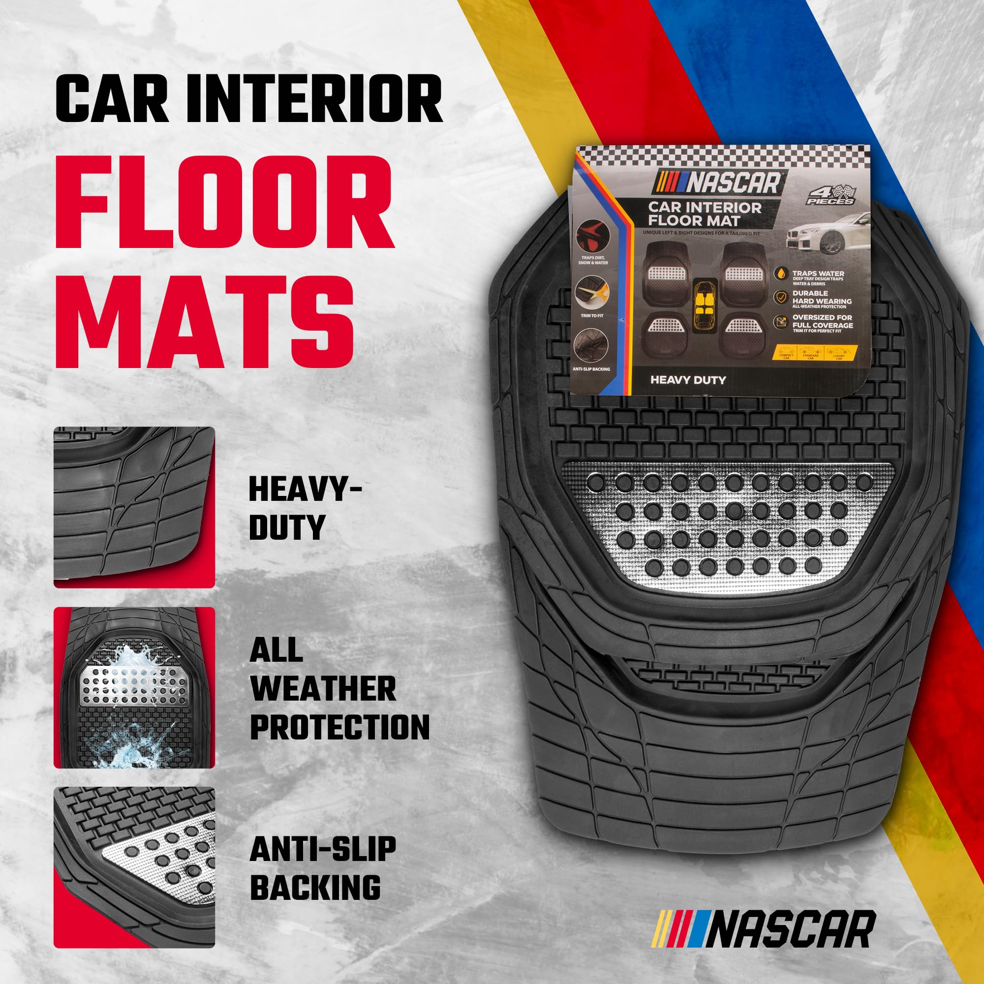 NASCAR Elite Car Floor Mats 4-Piece Set Heavy Duty All-Weather Rubber Universal Trim-to-Fit for Cars Trucks SUVs Traps — view 2