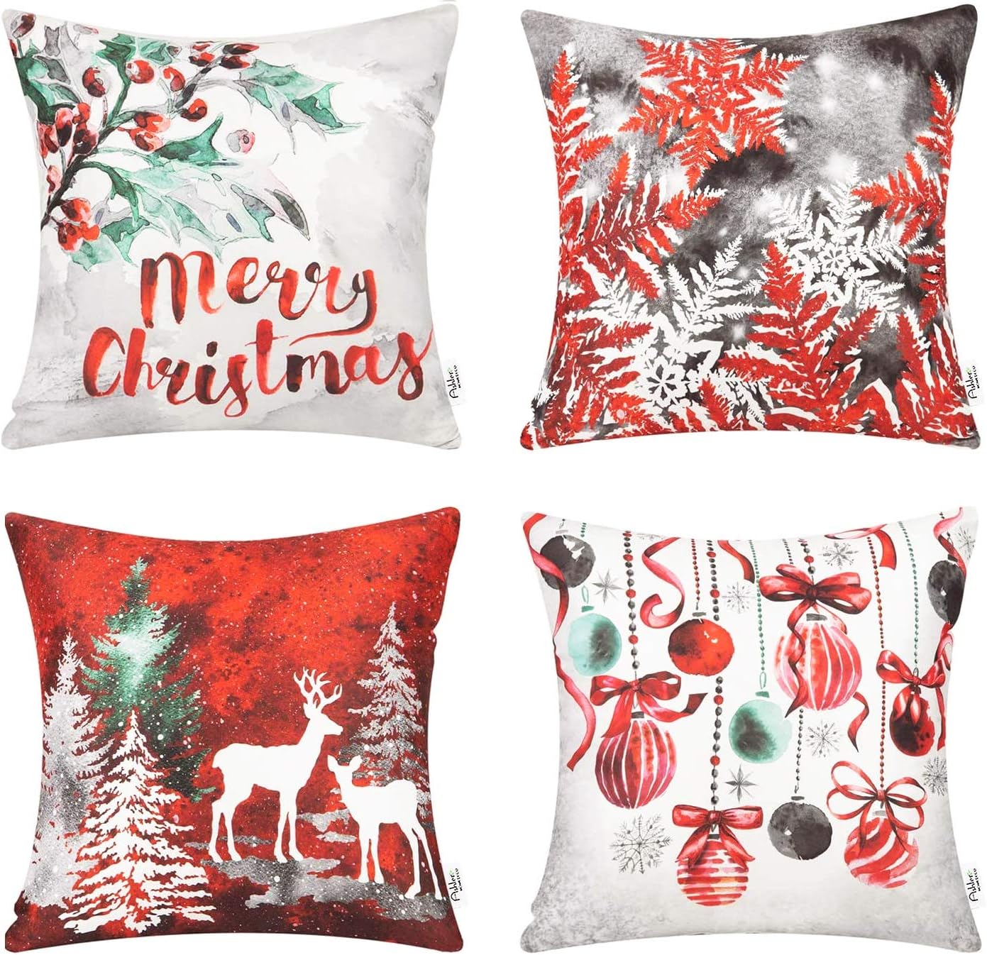 Ashler Christmas Throw Pillow Covers Red & Winter Decorative 18 x 18 inches, Pack of 4, Pillowcases Cotton Printing Christmas Tree Reindeer Series