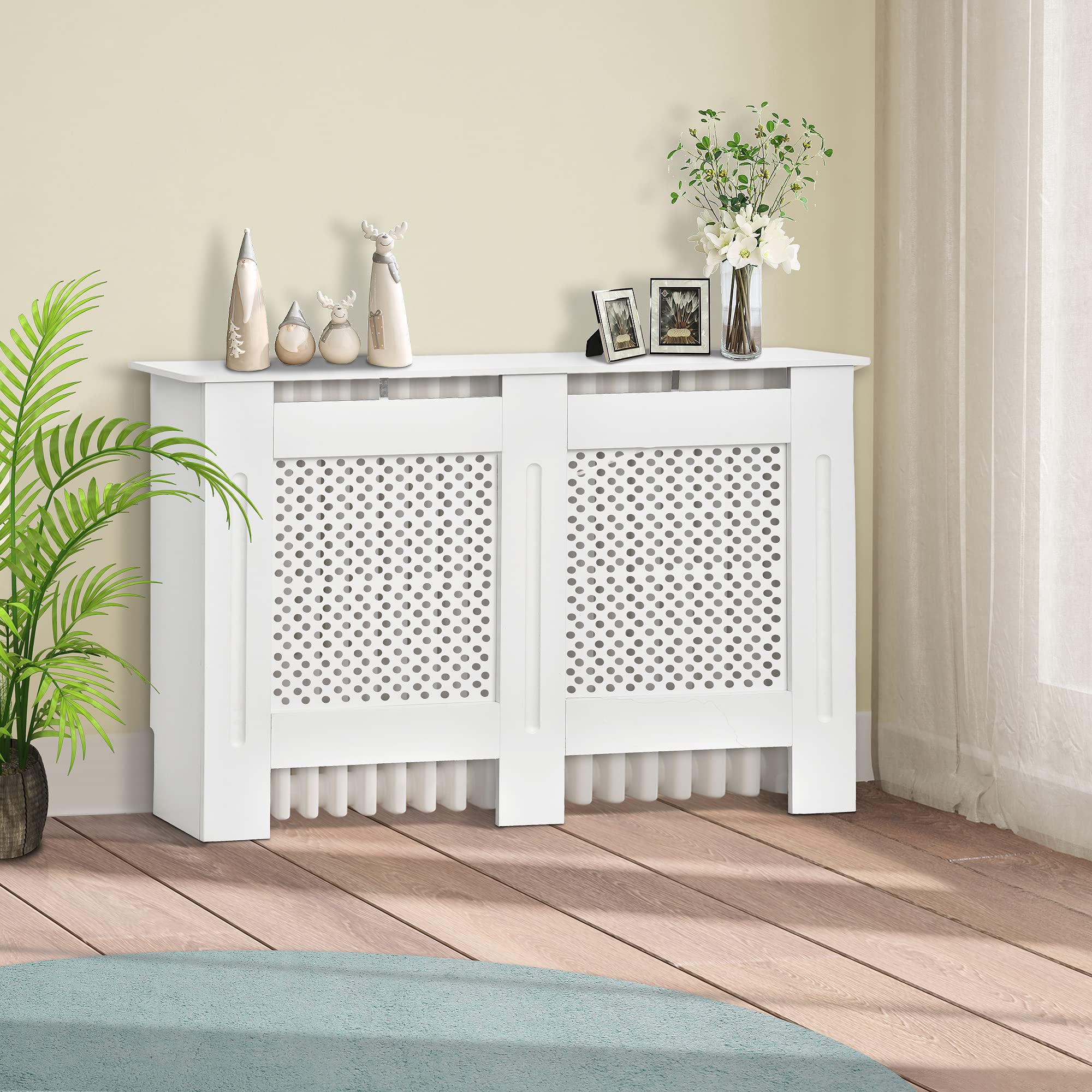HOMCOM Cubre Radiadores, 111.5x19x82 cm, Cubierta para Radiador Moderna de MDF, con Estante Superior y Listones, para Salón, Dormitorio, Pasillo, Blanco