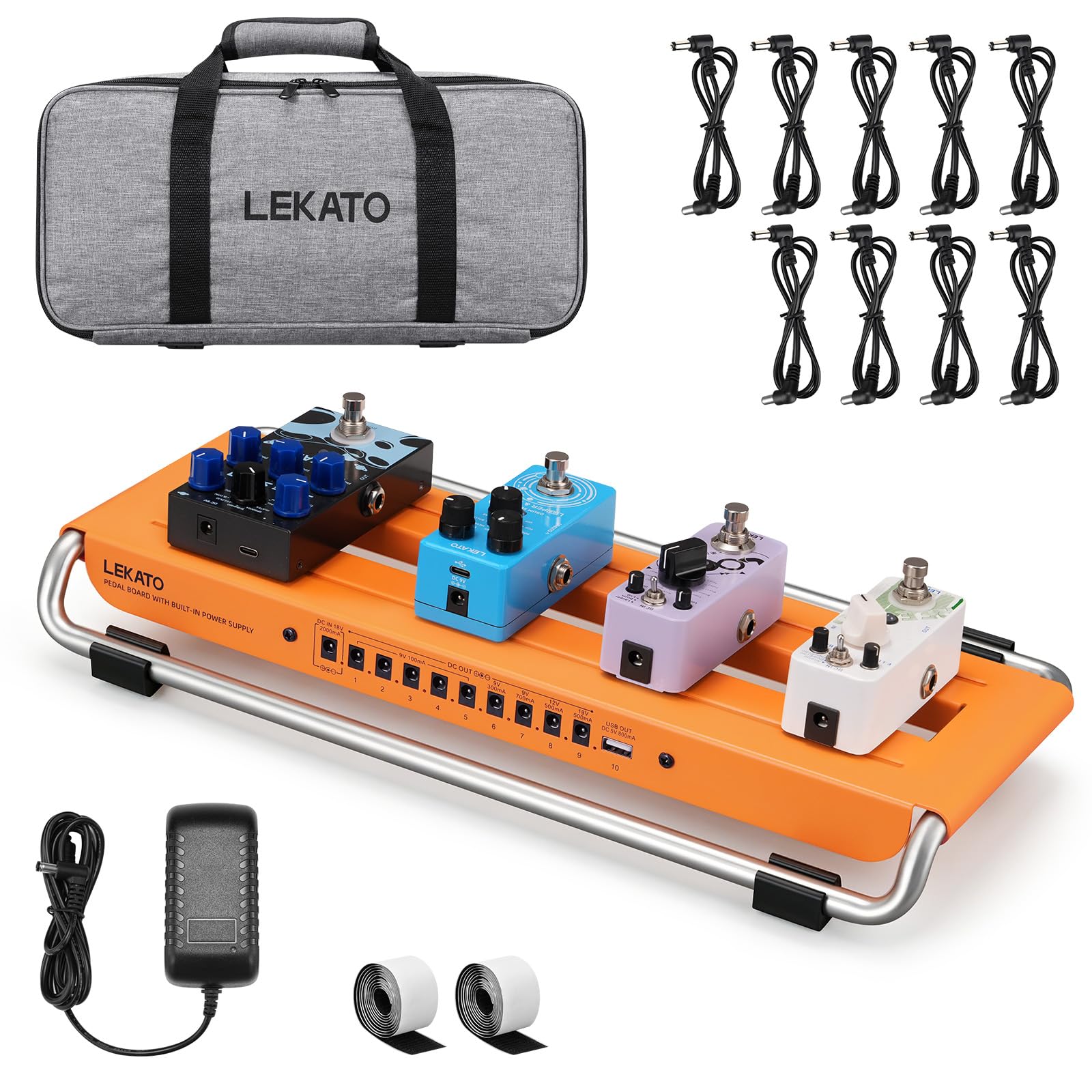 LEKATO Pedalboard Gitarre mit integriertem Netzteil, Aluminiumlegierung Effektboard 45 x 23 x 9cm, Pedalboard Set mit Tasche, Pedalkabeln und Klettstreifen