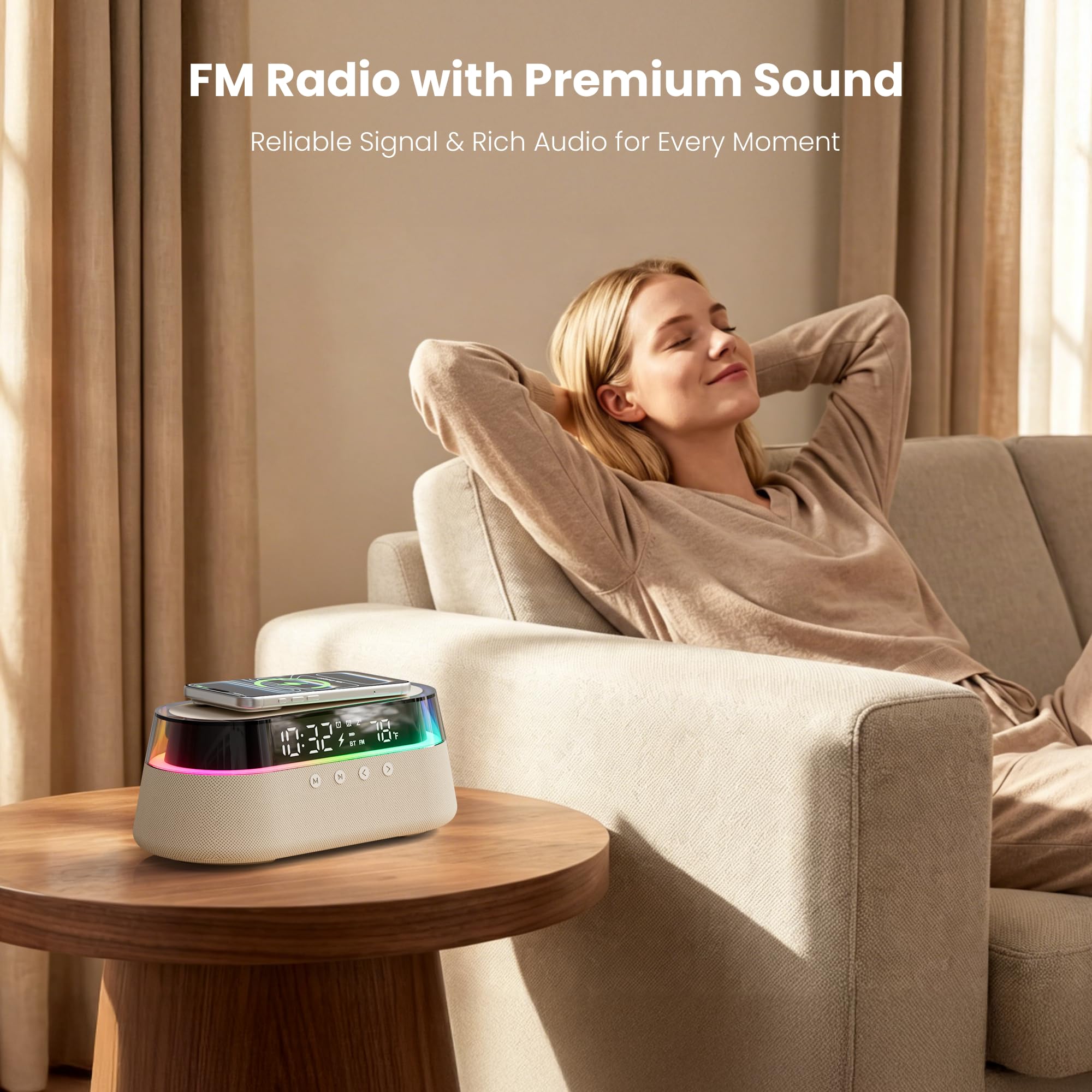 Altoparlante Bluetooth con Sveglia Caricatore Wireless 15W con Telecomando | Doppia Sveglia con Radio, Funzione Snooze e Luce Notturna per la Camera da Letto o l'ufficio Regalo Uomo Donne