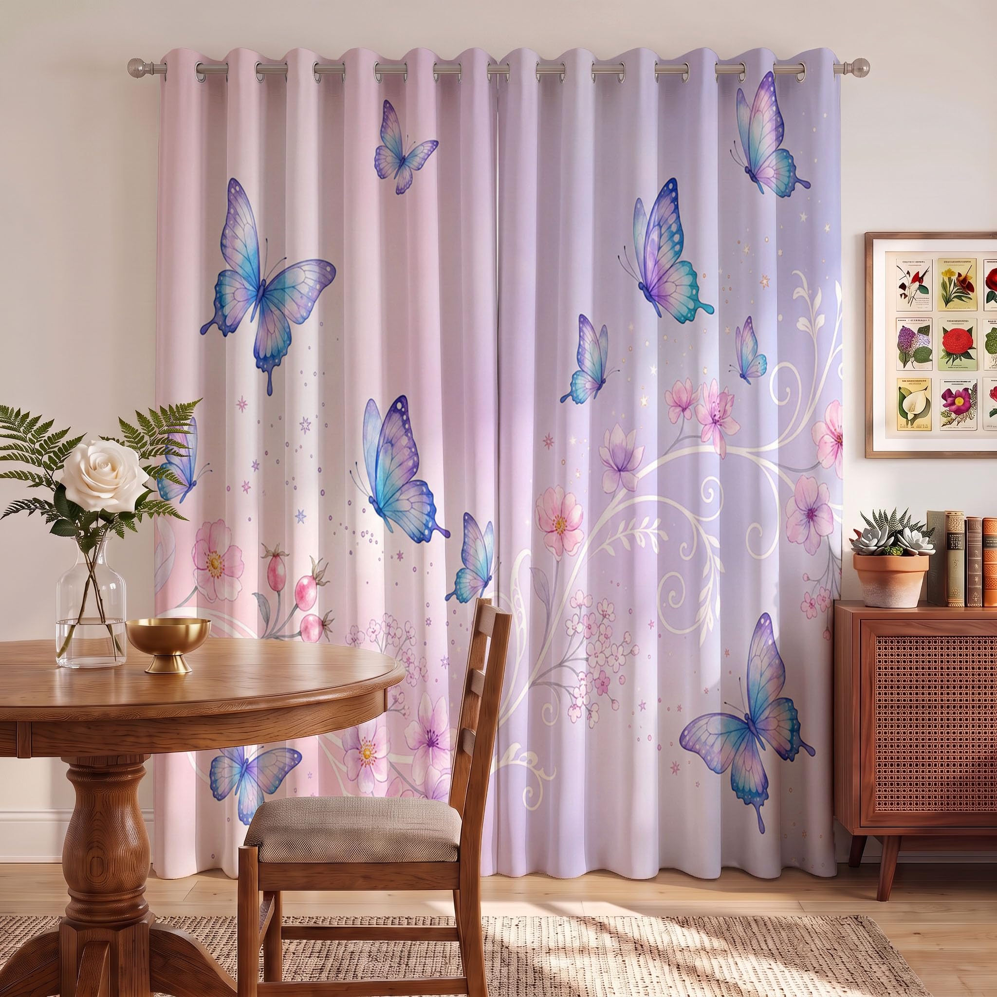 Verträumter Farbverlauf Vorhang Blickdicht Gardinen Mit Ösen, Schmetterlingsblumen Muster Verdunklungsvorhänge H175 x B140 cm (2er Pack), Rosaviolett Thermovorhang Kälteschutz Für Schlafzimmer Fenster