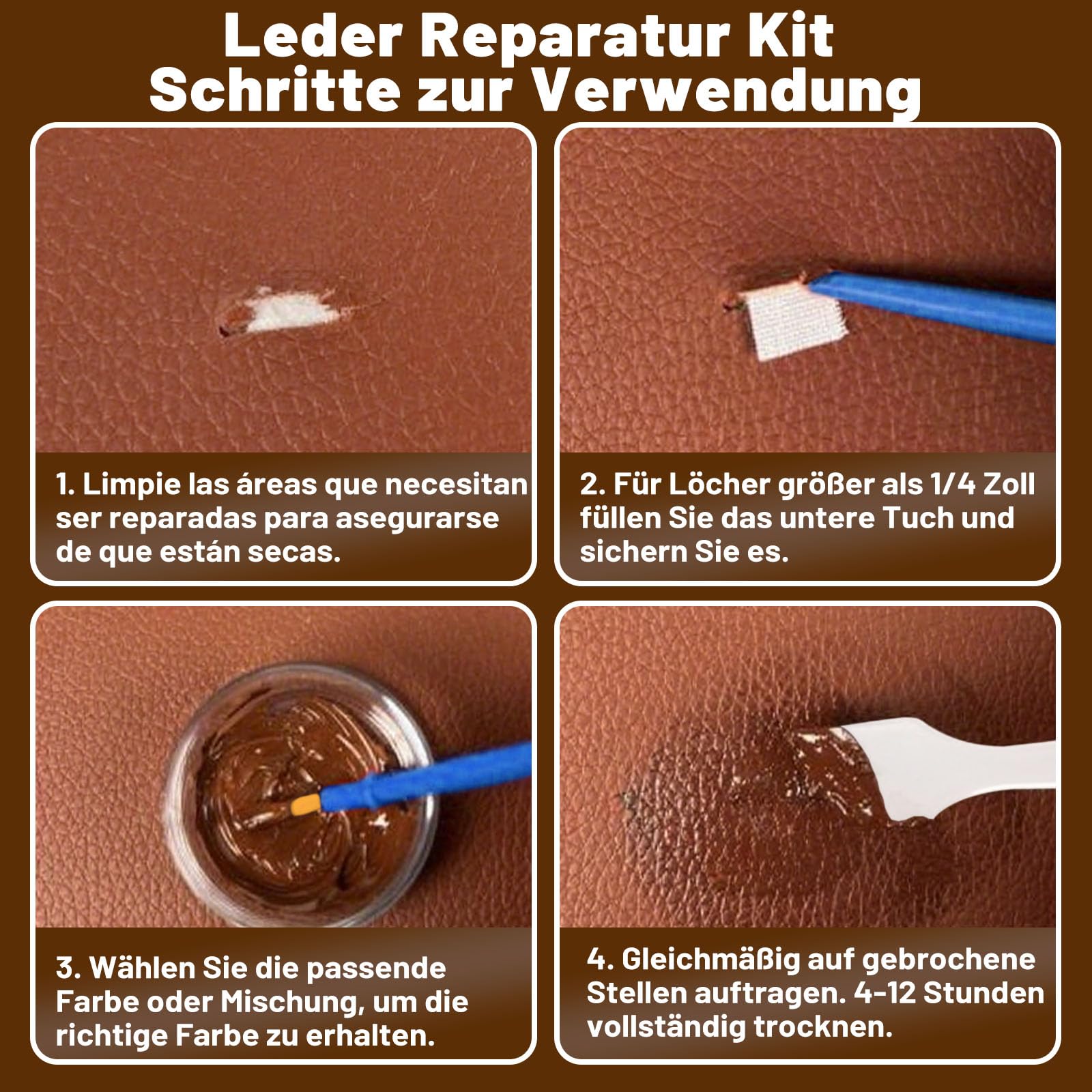 Endhokn Leder Reparatur Set, 12 Farben Ledersofa Reparaturset, Autositze, Jacke, Vinyl Kunstleder Reparaturset Repariert Kratzer Schnitte Risse Löcher Risse Farbe Anpassbar und Einfach zu Bedienen