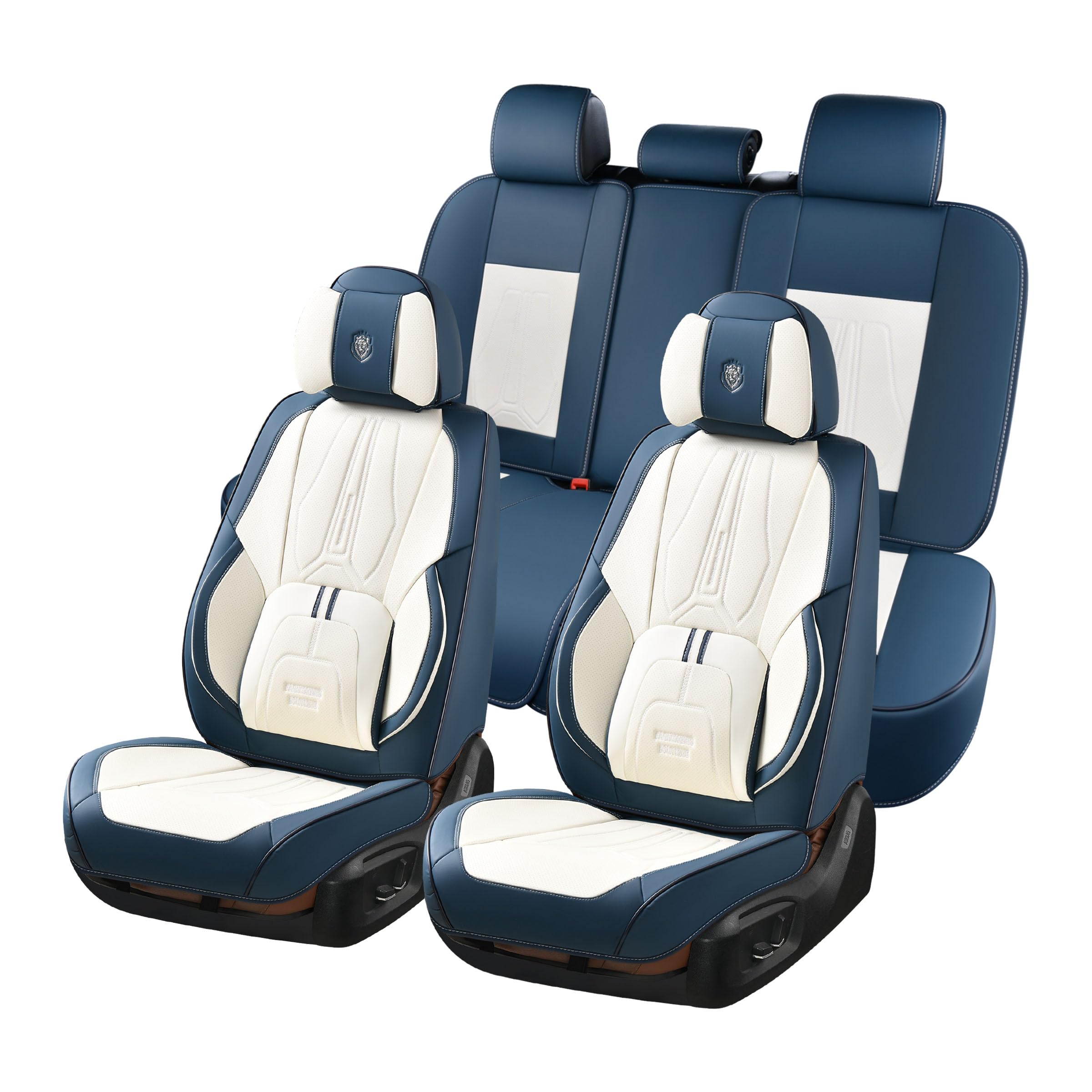 Copri sedili auto 5 posti - Universale per il 90% di berline/SUV/4x4 | Supporto lombare nascosto | Antiscivolo & Duraturo | Finta pelle di alta qualità (Blu-Bianco)