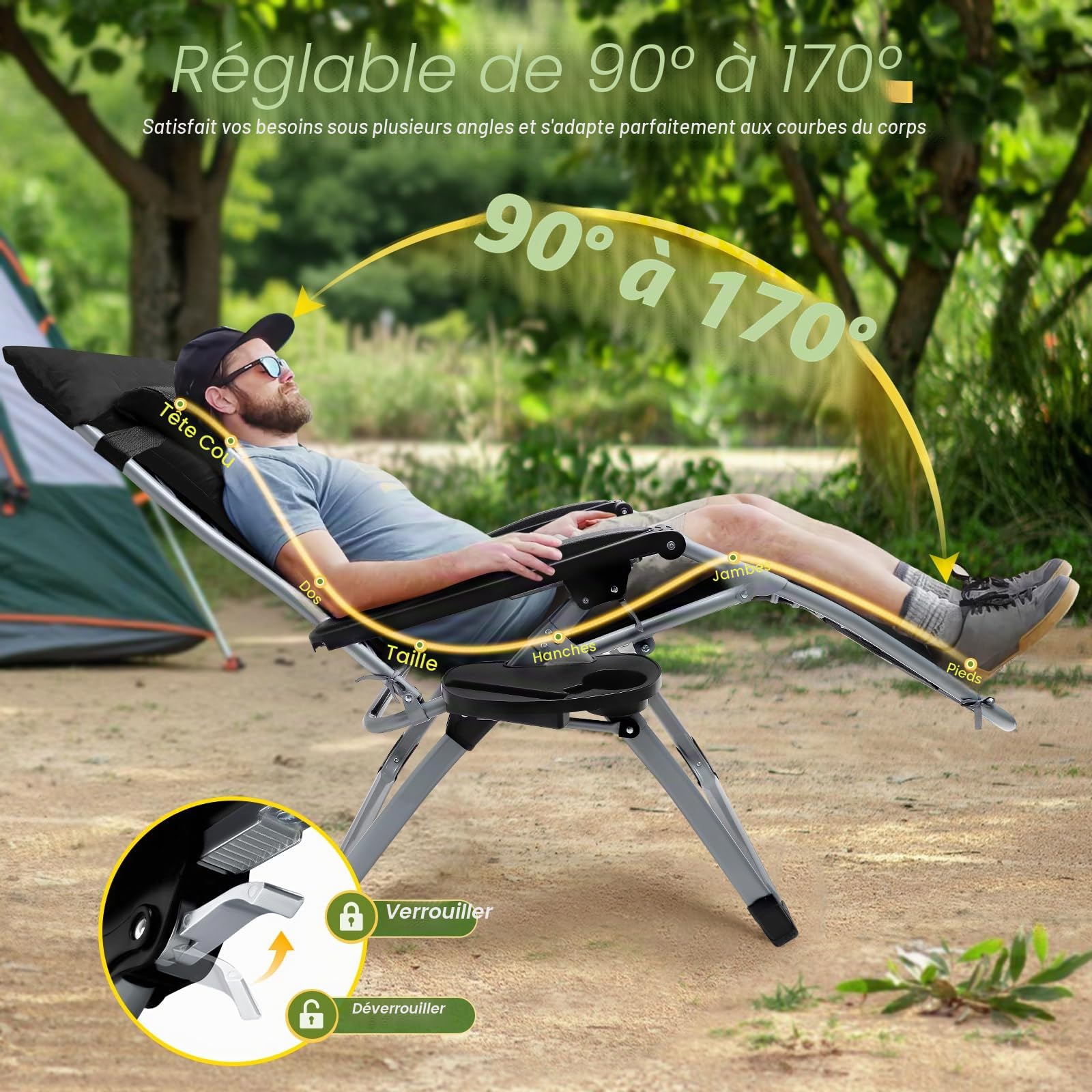 Lischwert Chaises de jardin Zéro Gravity, charge 199 kg, inclinables en textilène, appuie-tête réglable, support pour tasses et téléphone, chaise longue pliable (noir mat)