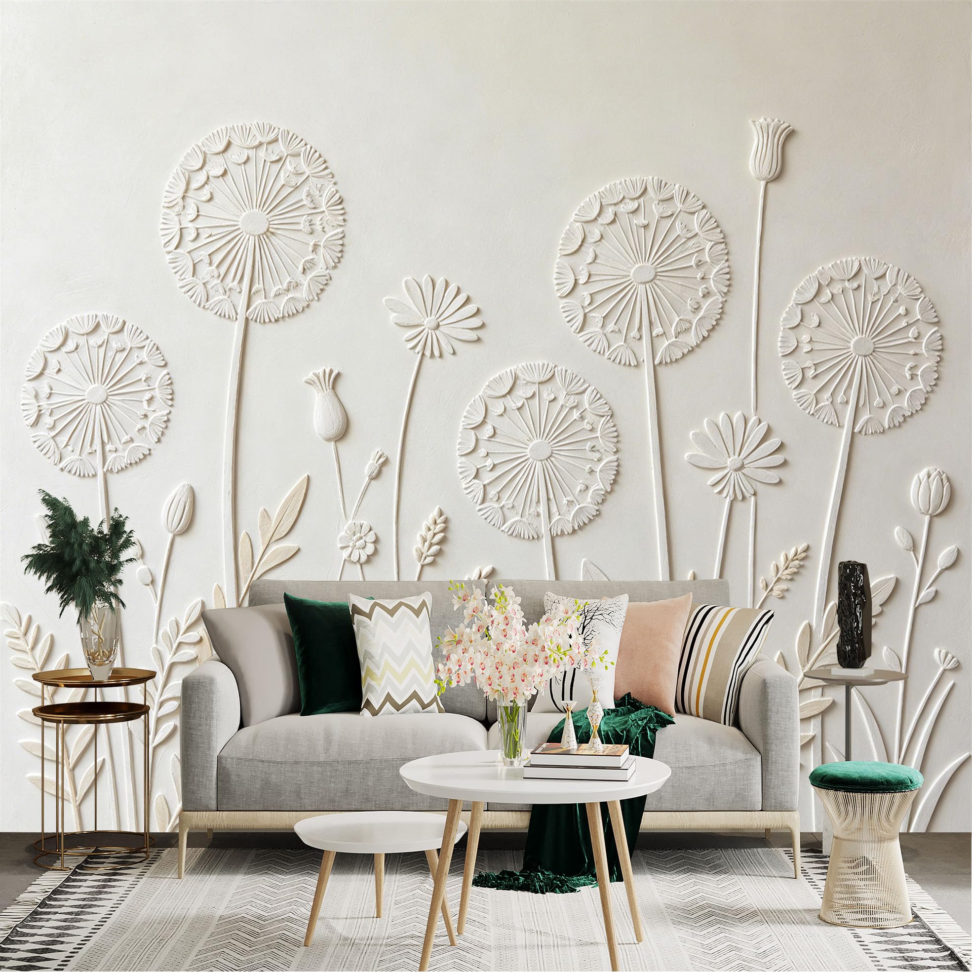 Lnzczhyre Dbh260521649 Custom Size Wall Sticker Mural， White Embossed Dandelion Floral Art， Minimalist Botanical Sculpture Pattern， For Wall Decoration， Peelandstick Wall Decals.