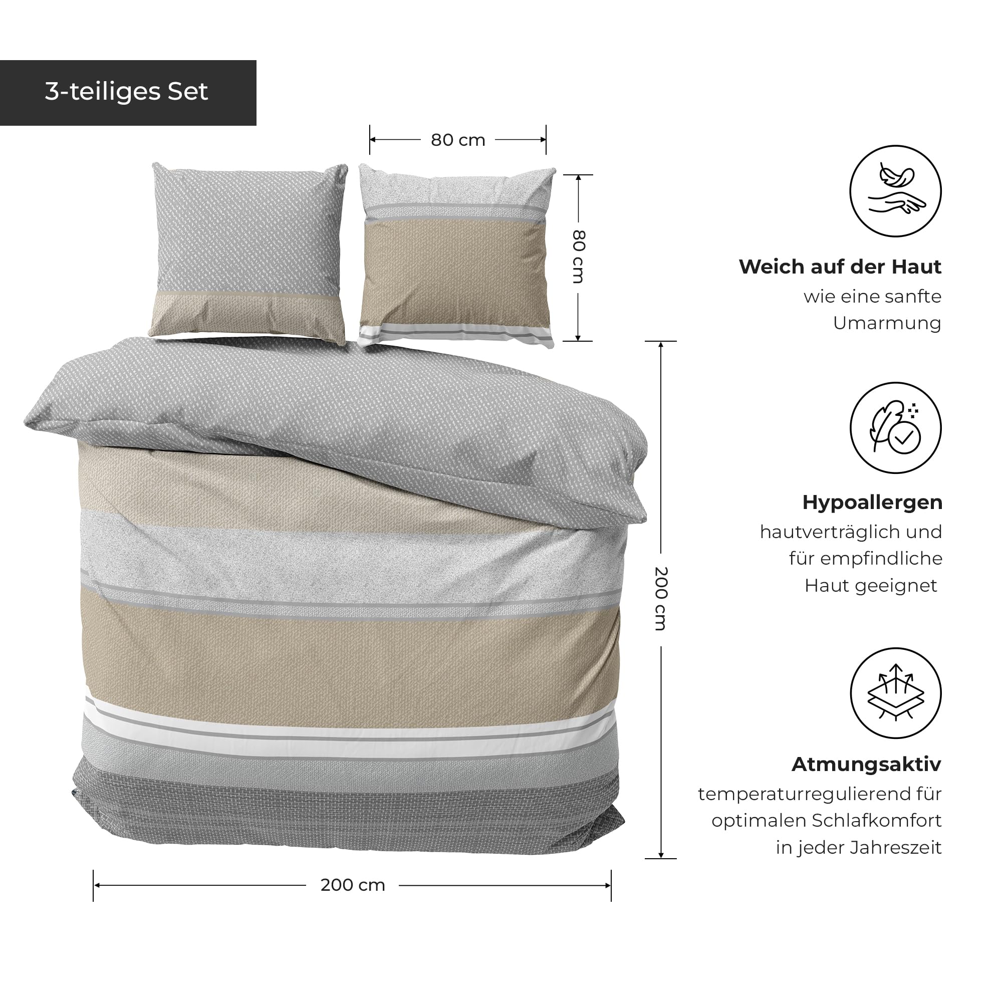 Ropa de cama premium de 200 x 200 – 100 % algodón, certificado Öko-Tex, tejido Renforcé, transpirable e hipoalergénico, con cremallera, 3 piezas, funda nórdica + 2 fundas de almohada de 80 x 80
