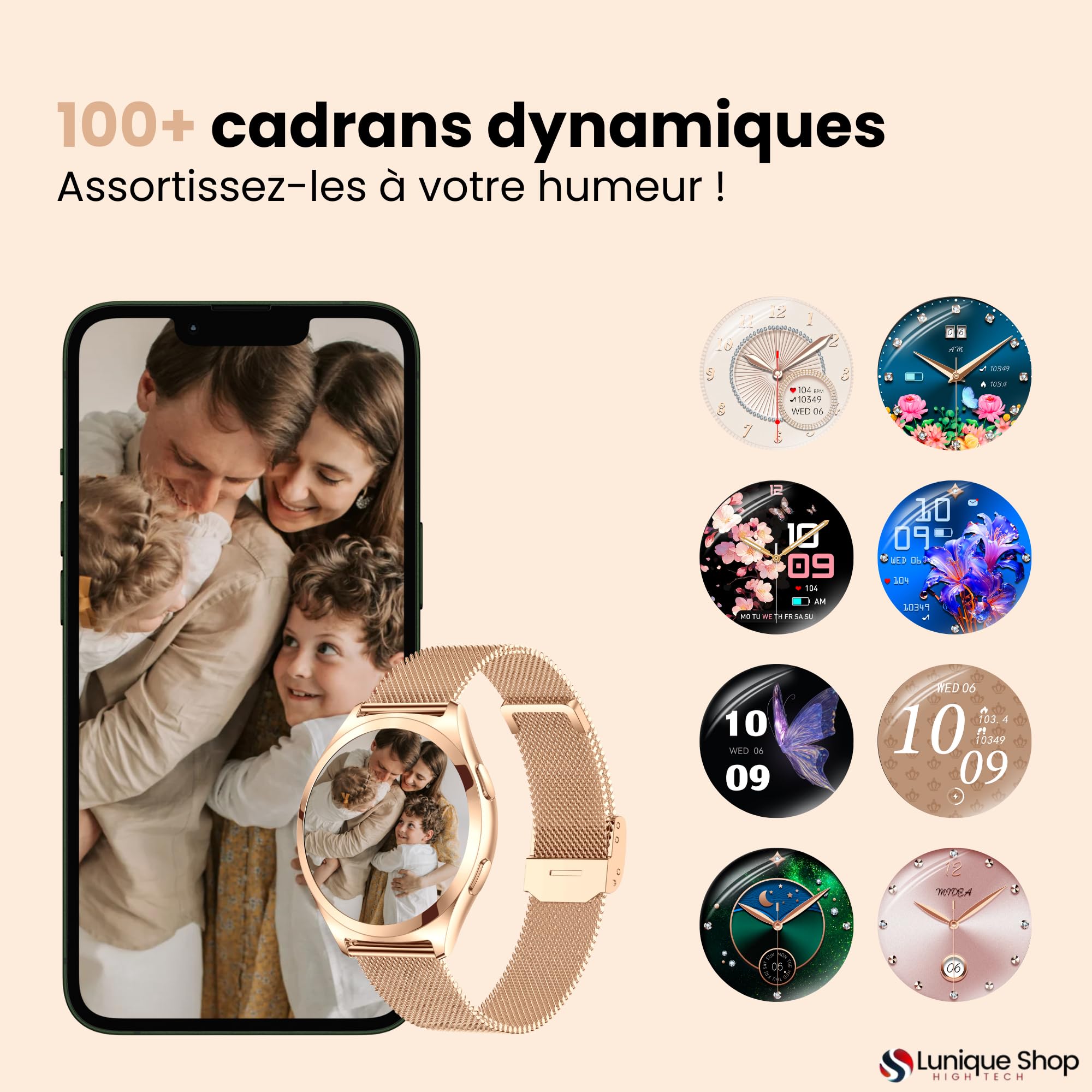LSWATCH V2 Montre Connectée Femme avec Appel Bluetooth 1.6"- Smartwatch Oxygene Sanguin Tension Fréquence Cardiaque Podomètre Sommeil Météo 2 Bracelets Intelligent iOS Android +100 Sport