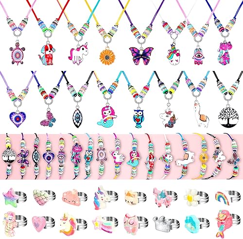 Juego de 48 piezas de joyería para niñas, pulseras ajustables, collares y anillos, juego de disfraces, regalos de fiesta, regalos de cumpleaños para