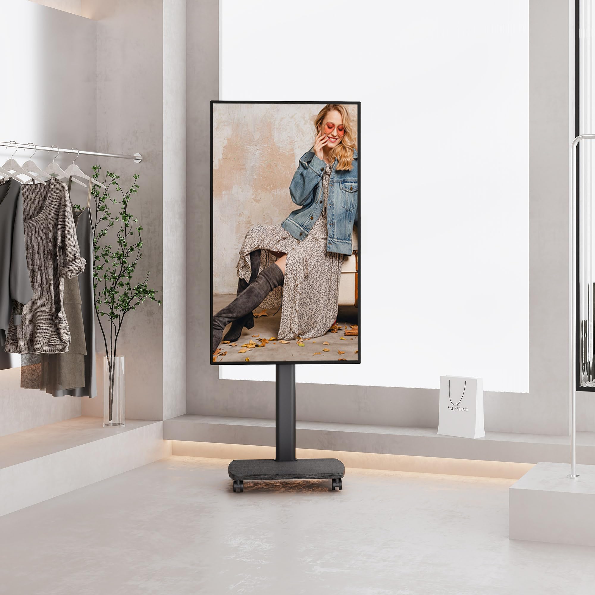 AOKCOS Supporto TV da Pavimento Orizzontale e Verticale per 19-42 Pollici, Carrello Porta TV con Ruote Base in Legno, Inclinazione & Girevole, fino a 20 kg max. VESA 200×200 mm Nero