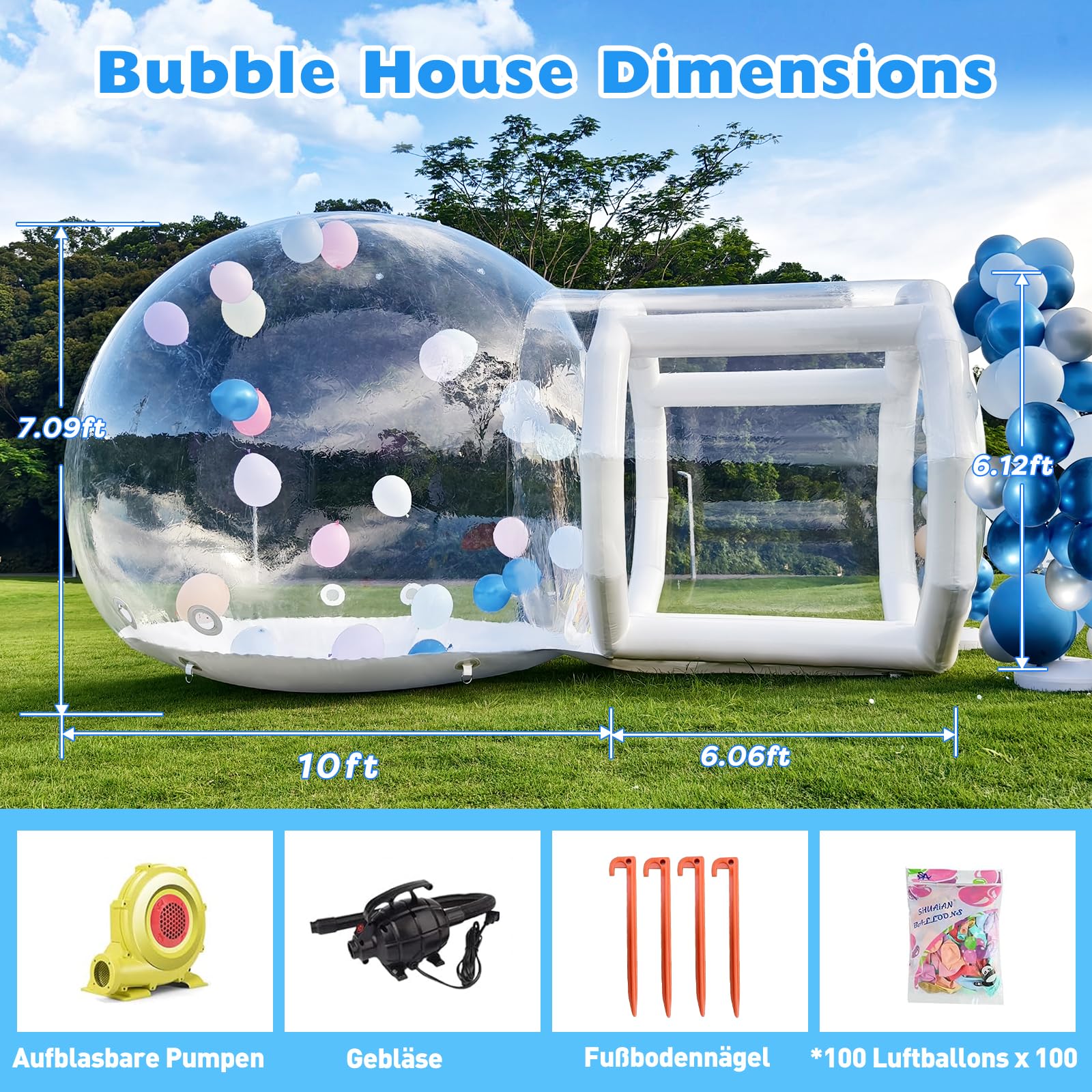 Casa de burbujas inflable, cúpula hinchable con ventilador y bomba, diámetro impermeable de PVC de calidad comercial para exteriores, camping, fiestas (blanco, 300 cm)