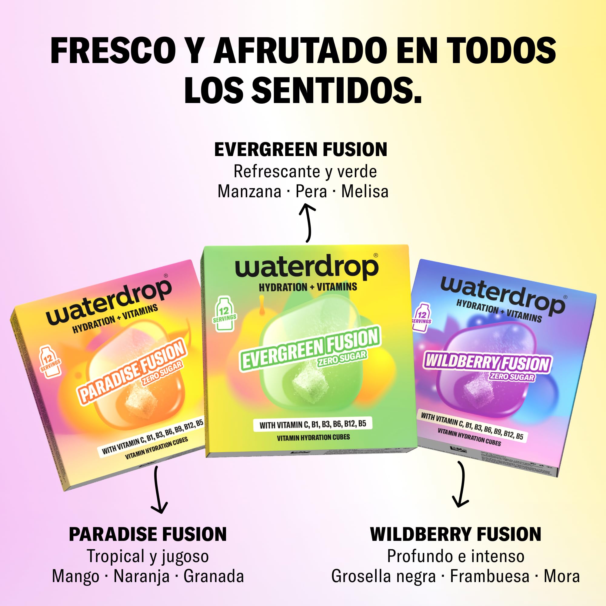 waterdrop® Microdrink FUSION COLLECTION - Set de 36 Pastillas Saborizantes para Agua - Mix de Frutas - Vitaminas C y B12 - Sin Azúcar y Bajo en Calorías - Alternativa Saludable a los Refrescos