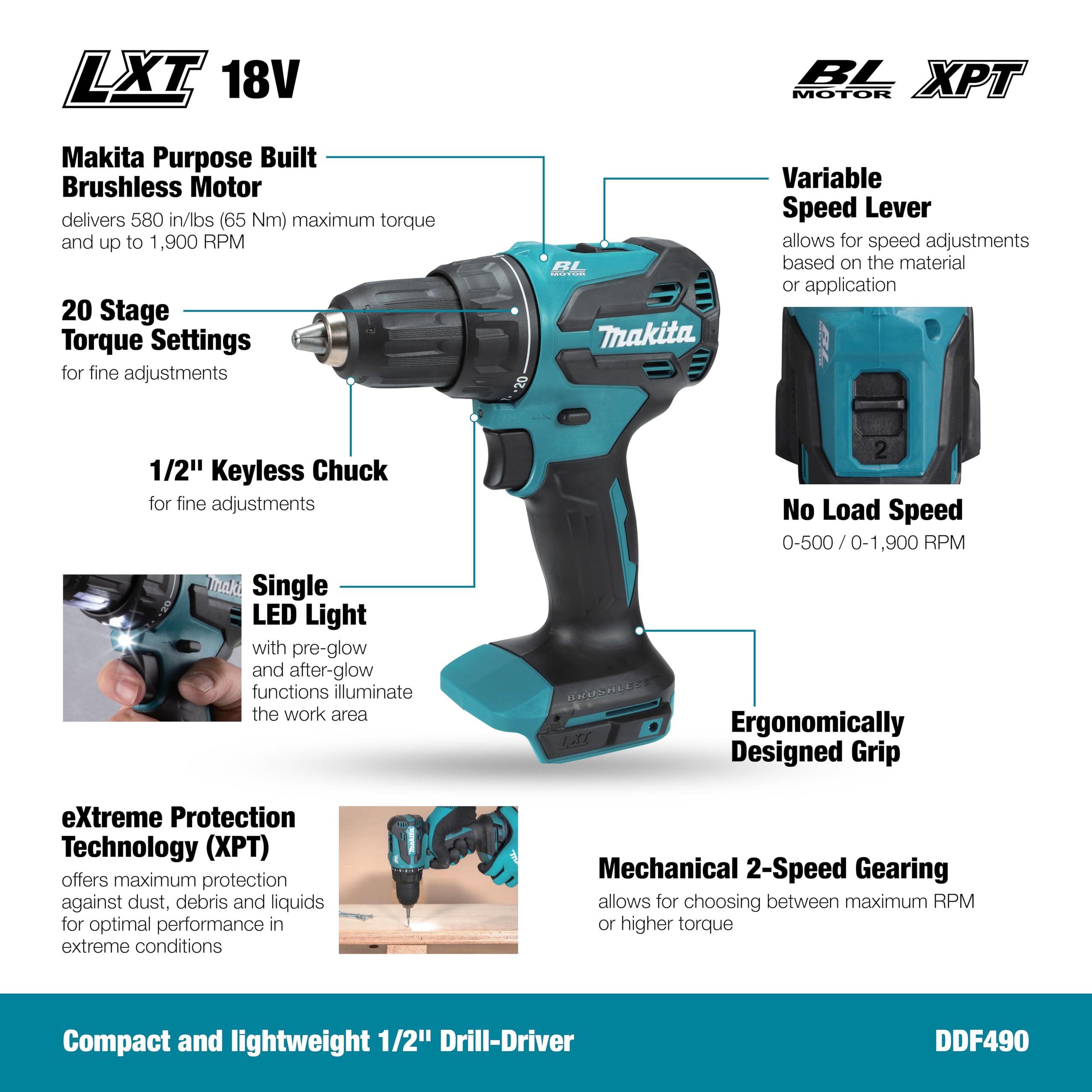 Makita DDF490Z - Trapano avvitatore LXT agli ioni di litio, 18 V, batterie e caricabatterie non inclusi