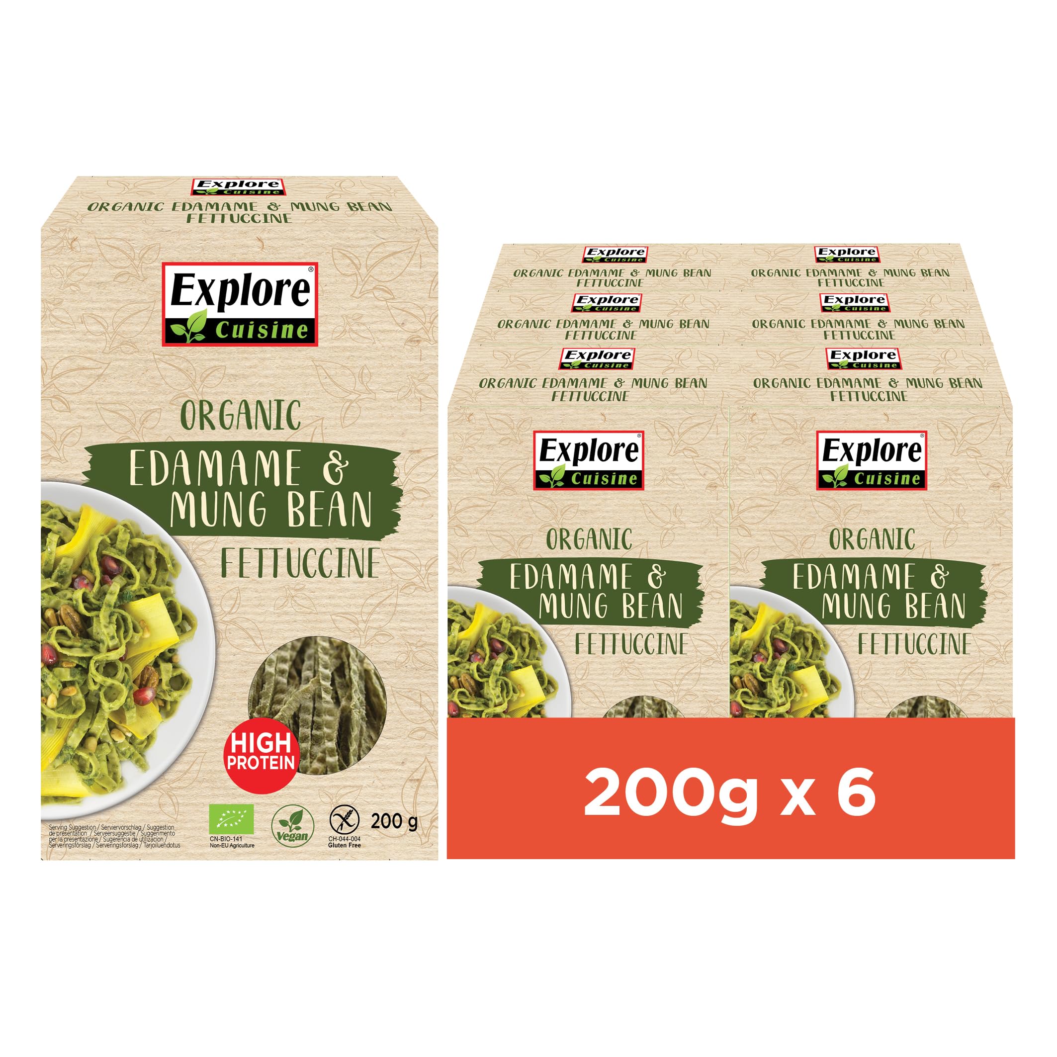 Explore Cuisine Bio Fettuccine aus Edamame & Mungobohnen, 6 x 200g | Proteinreich, ballaststoffreich, glutenfrei, low-carb, Vegan, nur 2 Zutaten hergestellt, einfach zuzubereiten, Multipack