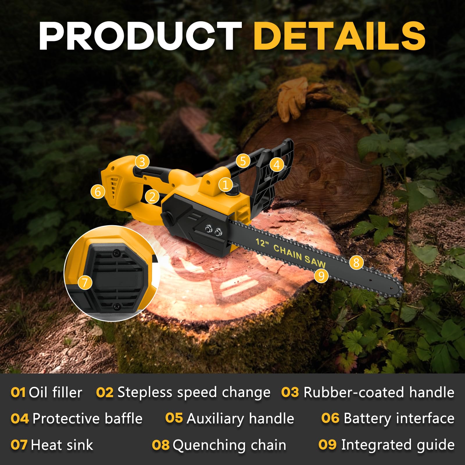 Tronçonneuse électrique sans fil de 30,5 cm pour Dewalt 20 V (sans batterie) - Tronçonneuse électrique portable sans balais - Petite tronçonneuse manuelle pour tailler les branches, couper le bois et