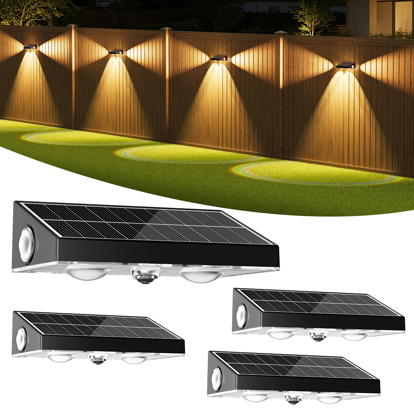 Solarlampen für Außen, 4 Stück Solar Wandleuchten für Außen mit Konvexer Linse 3 Modi 5 Helligkeitsstufen, Gartenleuchten IP65 Wasserdicht Solarleuchten für Außen Wand Garten Garage Balkon Porch