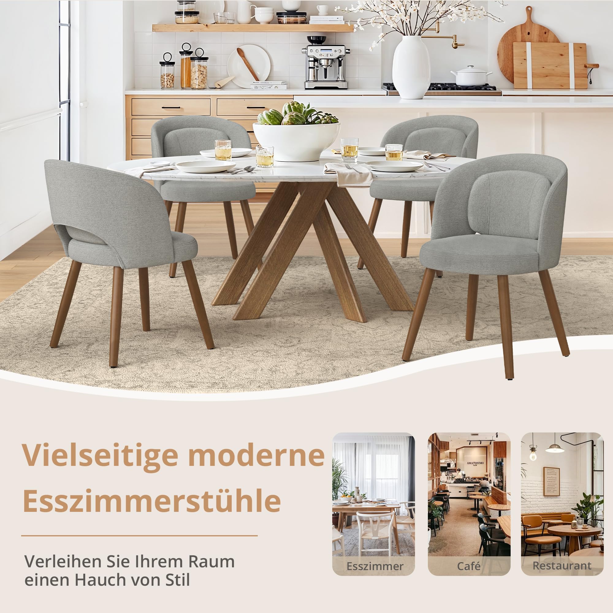 LUE BONA Esszimmerstühle 4er Set, Polsterstuhl mit Lendenkissen & Holzbeinen, Modern Küchenstühle mit gebogener Rückenlehne, Stoff Essstühle für Esszimmer, Küche, Wohnzimmer, Leinen-Optik, Grau