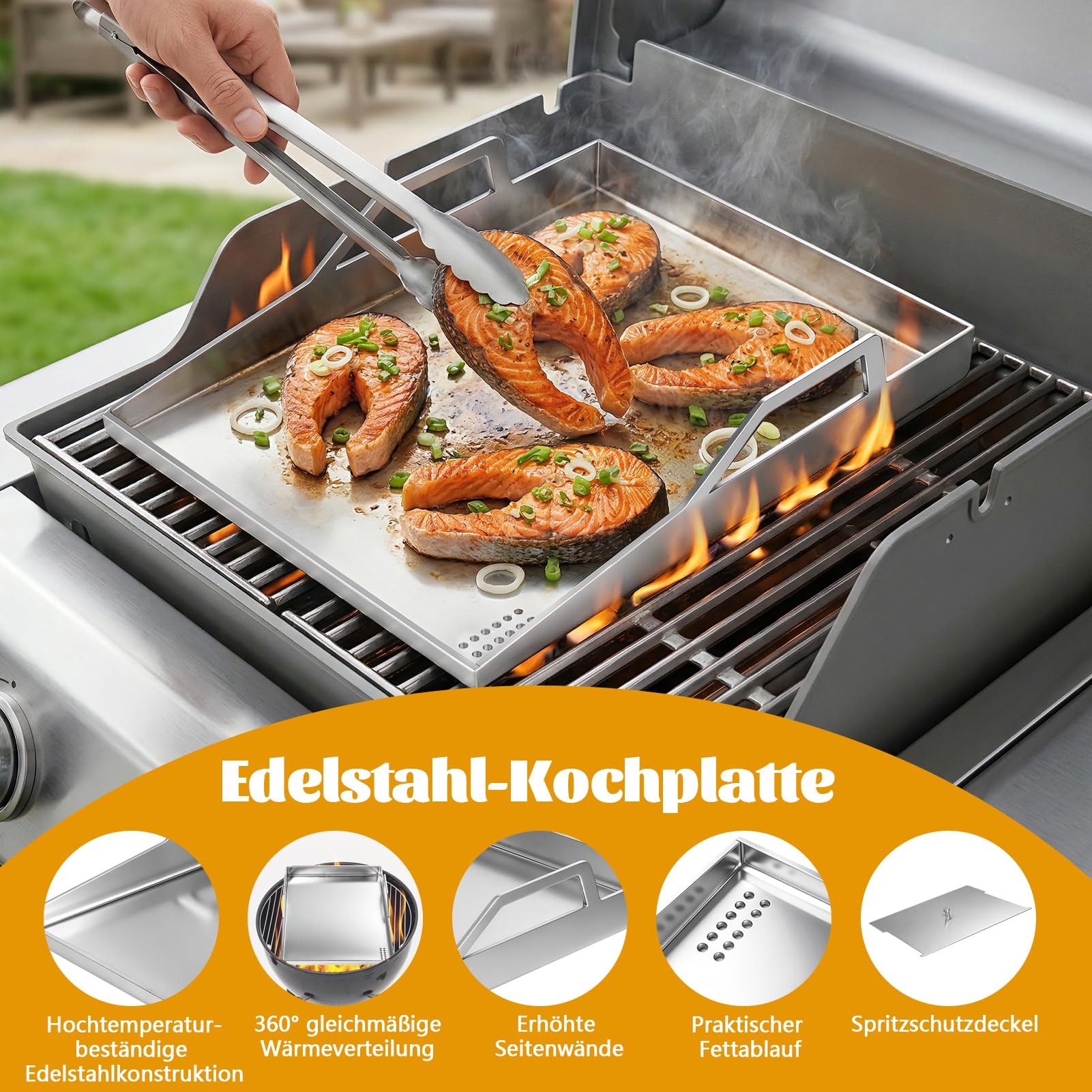 Edelstahl Grillplatte Plancha Universal 40x30 cm Gas Holzkohlegrill Anti-Stick | Grillschale für Kohle und Gasgrill Burger Spiegelei Grill Platte mit Deckel