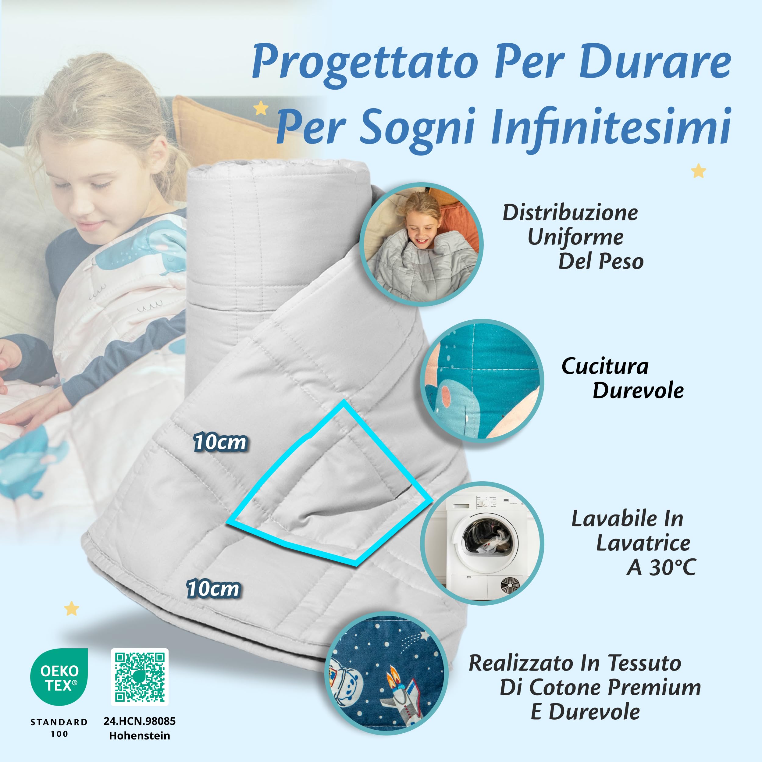 Ella Gewichtsdeken voor kinderen, 4,5 kg, 100 x 170 cm, therapiedeken, voor stressvermindering en angst, hypoallergene glazen kralen, zachte en verkoelende katoenen buitenlaag, voor kinderen van 40-60