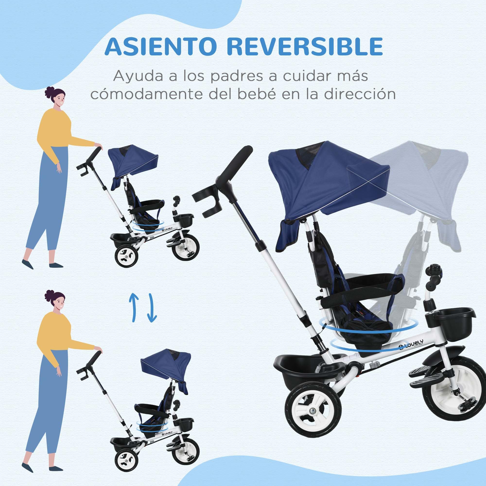 HOMCOM Triciclo para Bebés Plegable Triciclo Evolutivo 2 en 1 para Niños de 12-60 Meses con Toldo Plegable Mango de Empuje Telescópico Reposapiés Cinturón de Seguridad y Cestas Azul