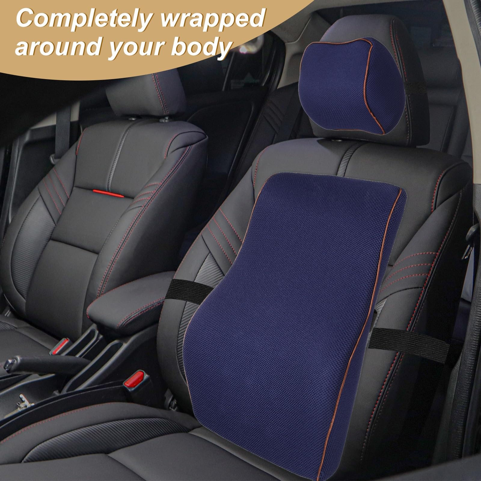 QUARKZMAN Juego De Almohada para Cabezal Y Soporte Lumbar De Coche Memory Foam Ergonomico para Asiento De Auto Y Oficina Color Azul Marino