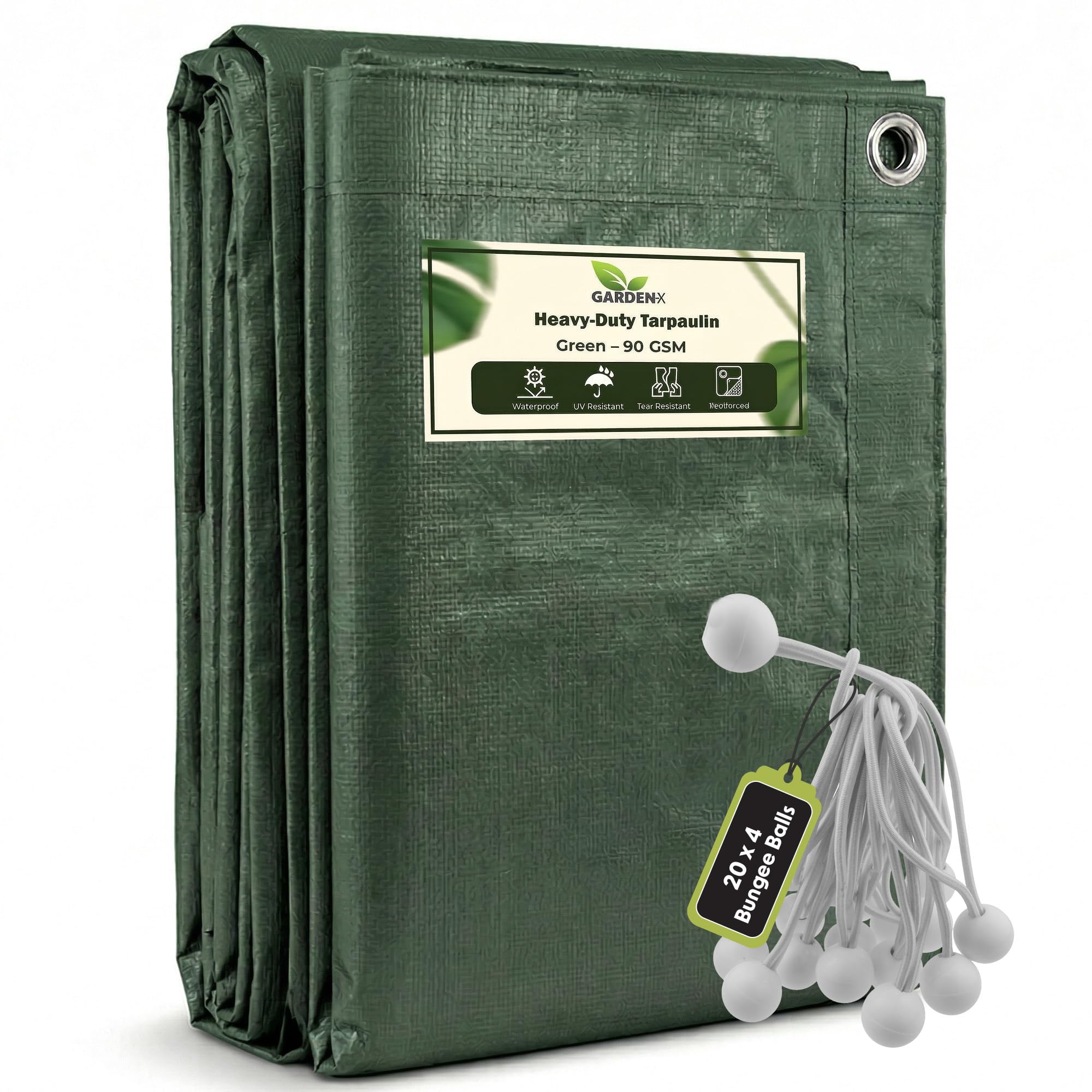 GARDENIX 3m x 3m Green Heavy Duty 90gsm Tarpaulin Waterproof Tarp Sheet Cover, Groundsheet, Multipurpose, Reinforced + 20 x 4" Bungee Balls (White)