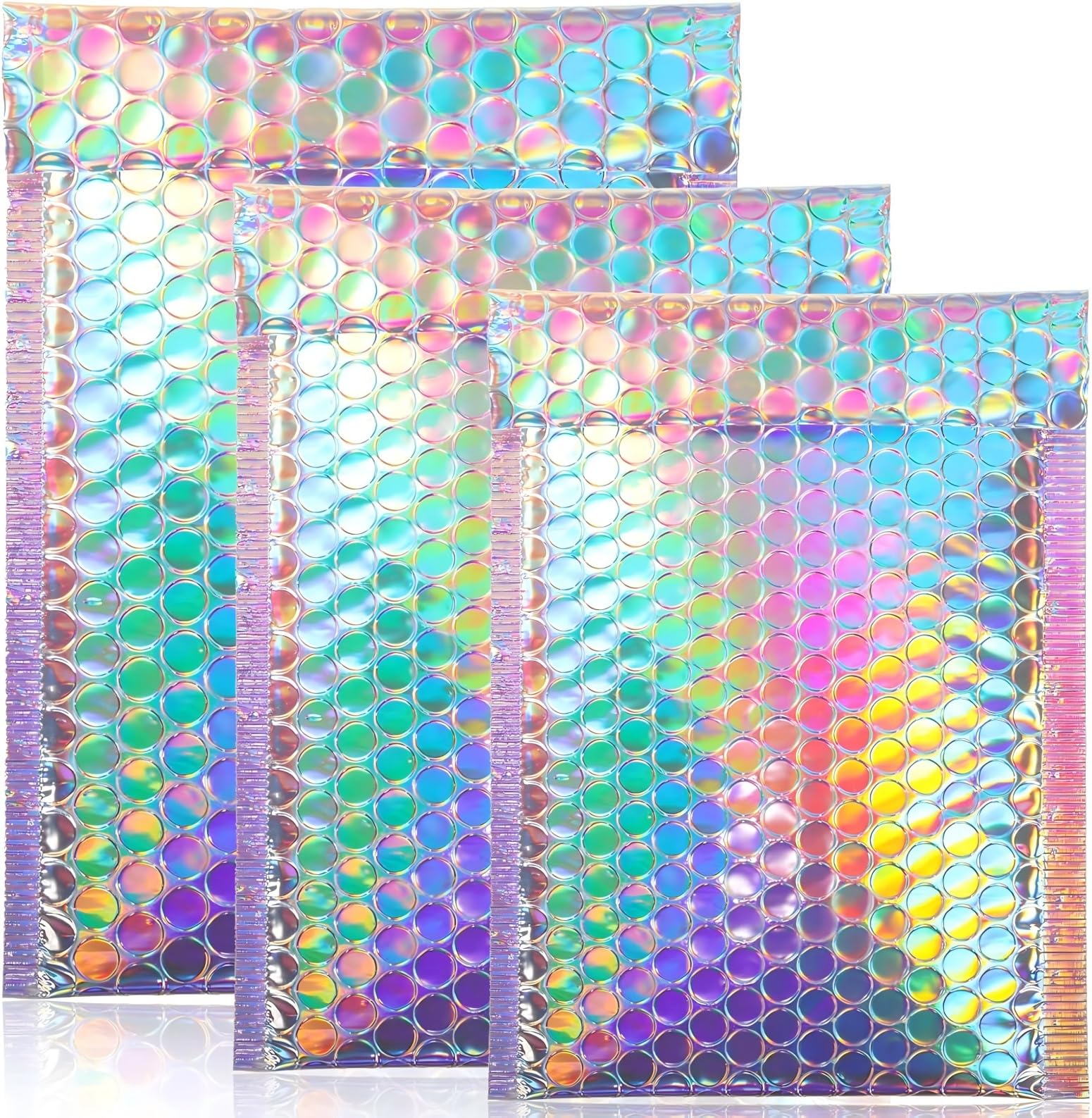 50 piezas metálicas acolchadas de burbujas para envío, sobres holográficos, sobres acolchados con purpurina, cierre adhesivo, bolsas de envío, 3 tamaños