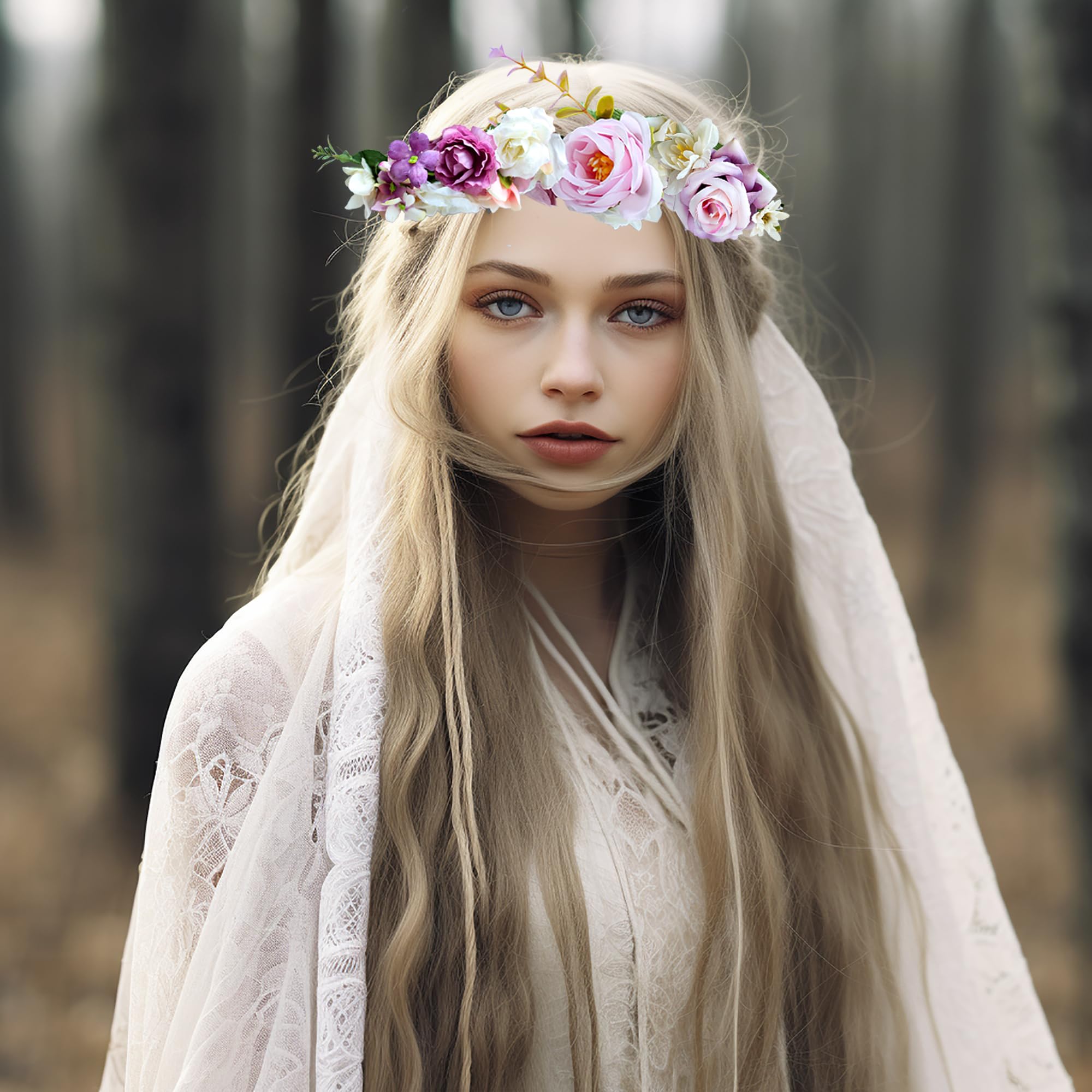 Verstellbares Haarband mit Blumenkranz und Schleife von Vivivalue, Blumenkrone, Boho-Stil - - Einheitsgröße | Haarkranz mit Band für Halloween, Renaissance, Hochzeit, Kostüm, Party, Braut, Cosplay, Abschlussball, Foto