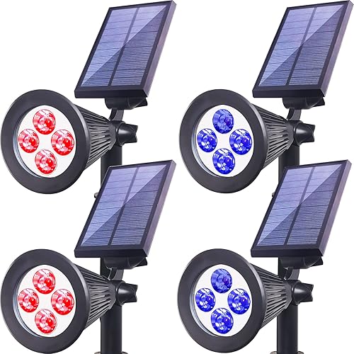 Focos solares impermeables para exteriores, 4 luces LED para exteriores para patio, jardín, camino, focos de paisaje rojo y azul, luces LED solares