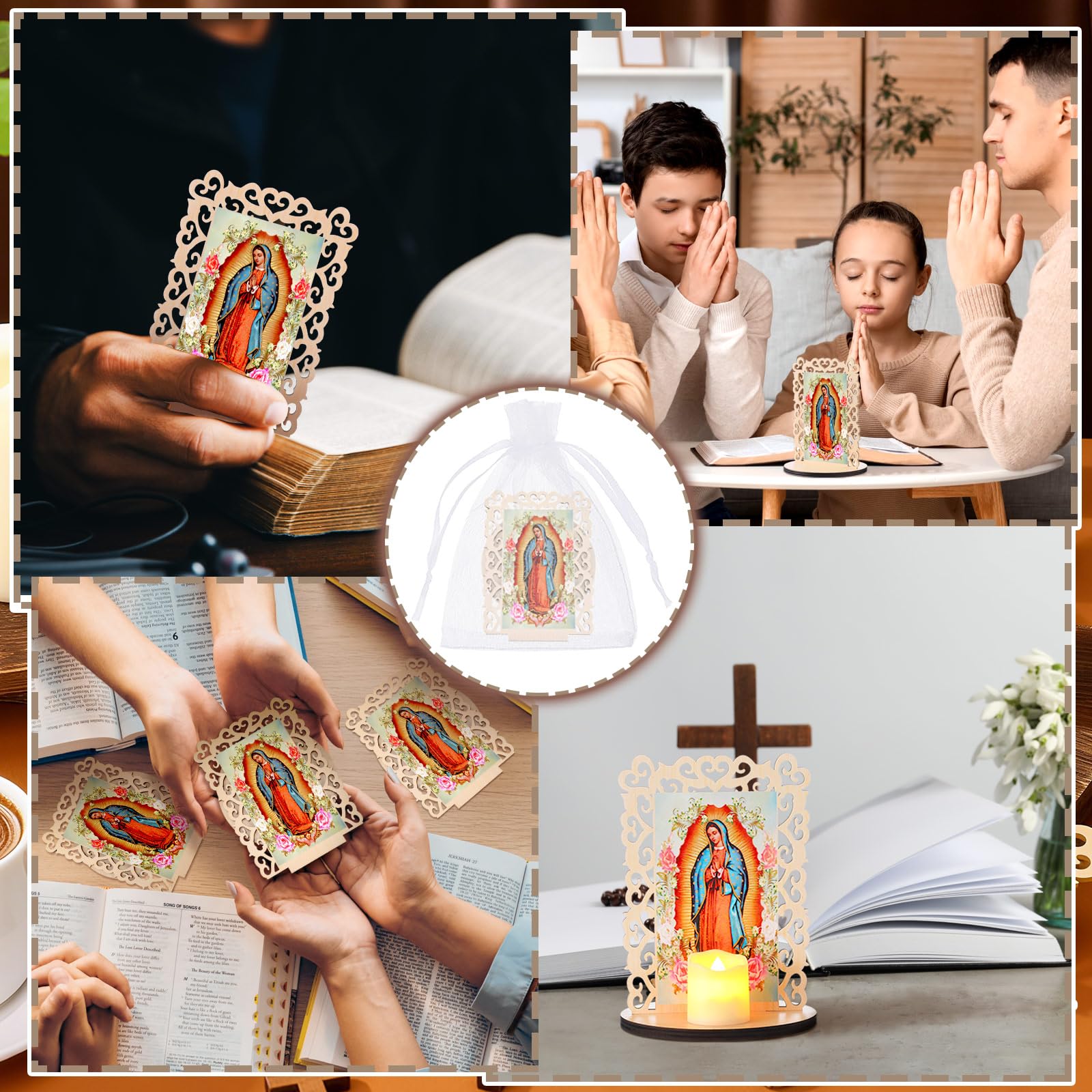Soaoo Holzstatuen "Our Lady of Guadalupe", "Virgen De Guadalupe", Bilderrahmen, Taufgeschenke für Gäste, Taufaufaufaufen, Tafelaufsätze für Tisch, Erstkommunion, katholische Gastgeschenke, rechteckig