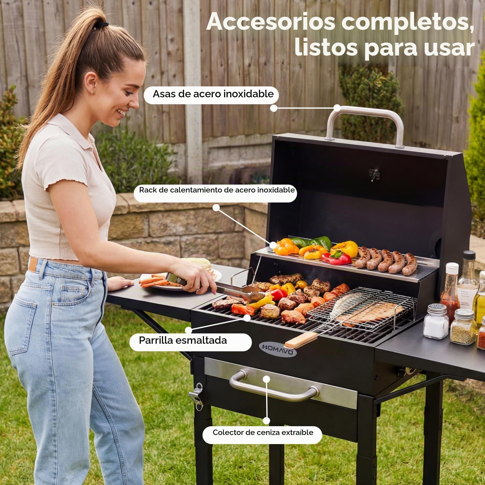 Barbacoa carbón con tapa, Parrilla 2 en 1 de pie y mesa, Compacta para balcón y jardín, Termómetro, Zona mantener caliente, Fácil de mover y limpiar