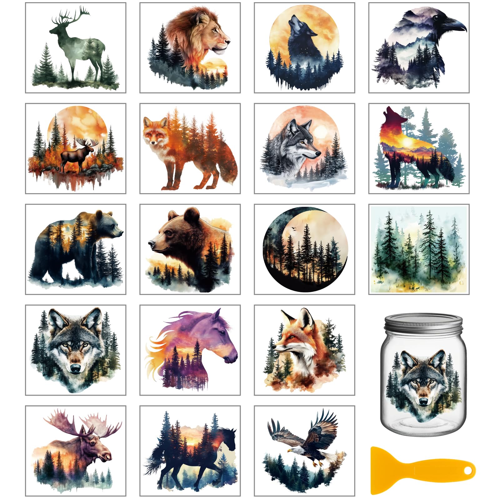 GLOBLELAND 18 Sheets Forest Animals Transfer Stickers 3.9x3.6inch Bear Deer Colorful Transfer Decal Fox Lion Rub on Transfer for Furniture Vase Glass Art Crafts Decorations
