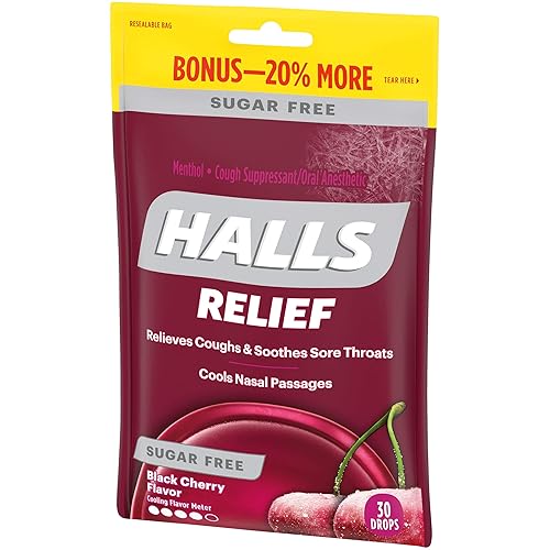 Miniatura 4 de HALLS Relief - Gotas para la tos con sabor a cereza negra, sin azúcar, 1 bolsa (30 gotas en total)