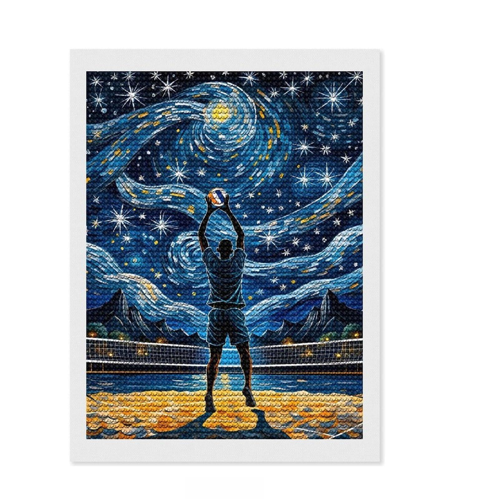 Junmoney Starry Night Volleyball Full Drill Diamond Painting Kit 12"x16", Relaxing DIY Hobby, Calming Craft to Unwind, Vintage Style Decor