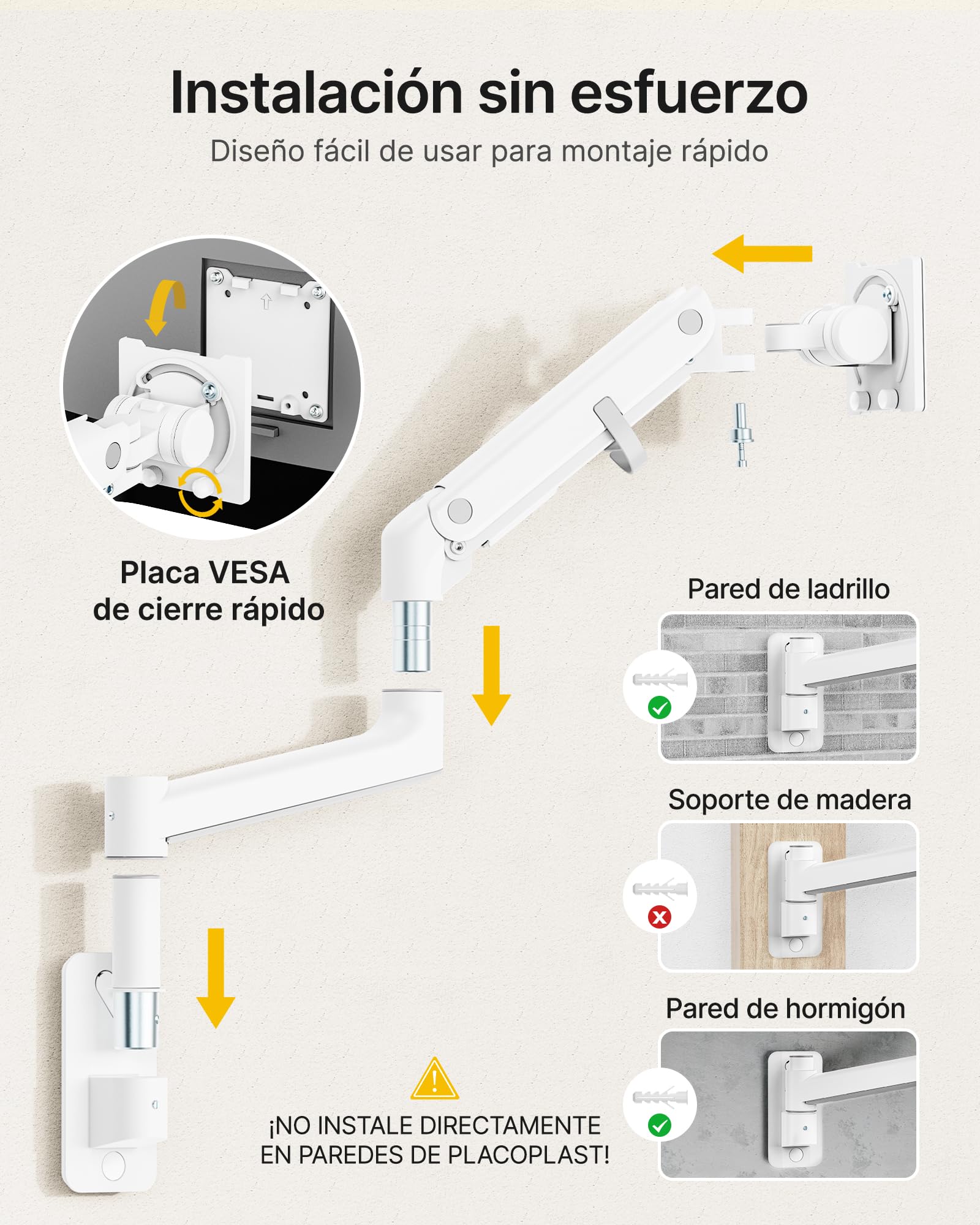monTEK Soporte de Pared para Monitor de 17-57", hasta 27 kg | Brazo para monitor con resorte de gas, altura regulable y movimiento completo, compatible con VESA 75x75/100x100, blanco.
