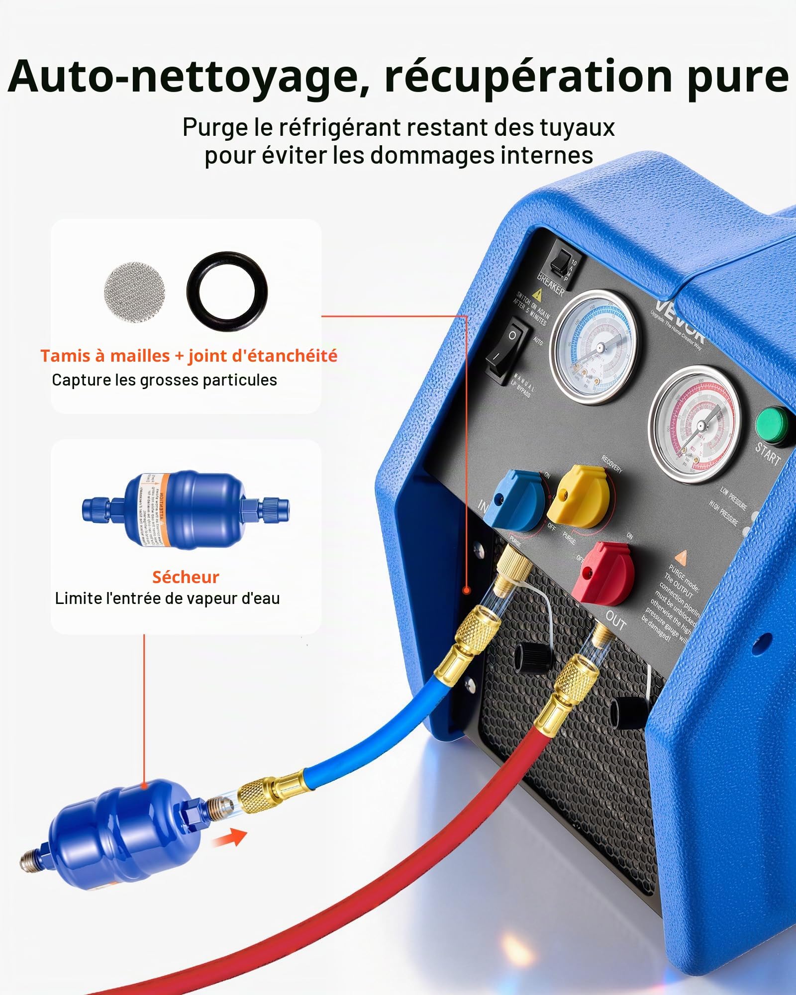 VEVOR Station de Récupération Fluides Frigorigènes Portable 3/4 HP, Récupérateur de Réfrigérant Monocylindre, pour CVC Résidentiel Climatisation Auto, Unité de Récupération pour Frigoriste 1450 tr/min