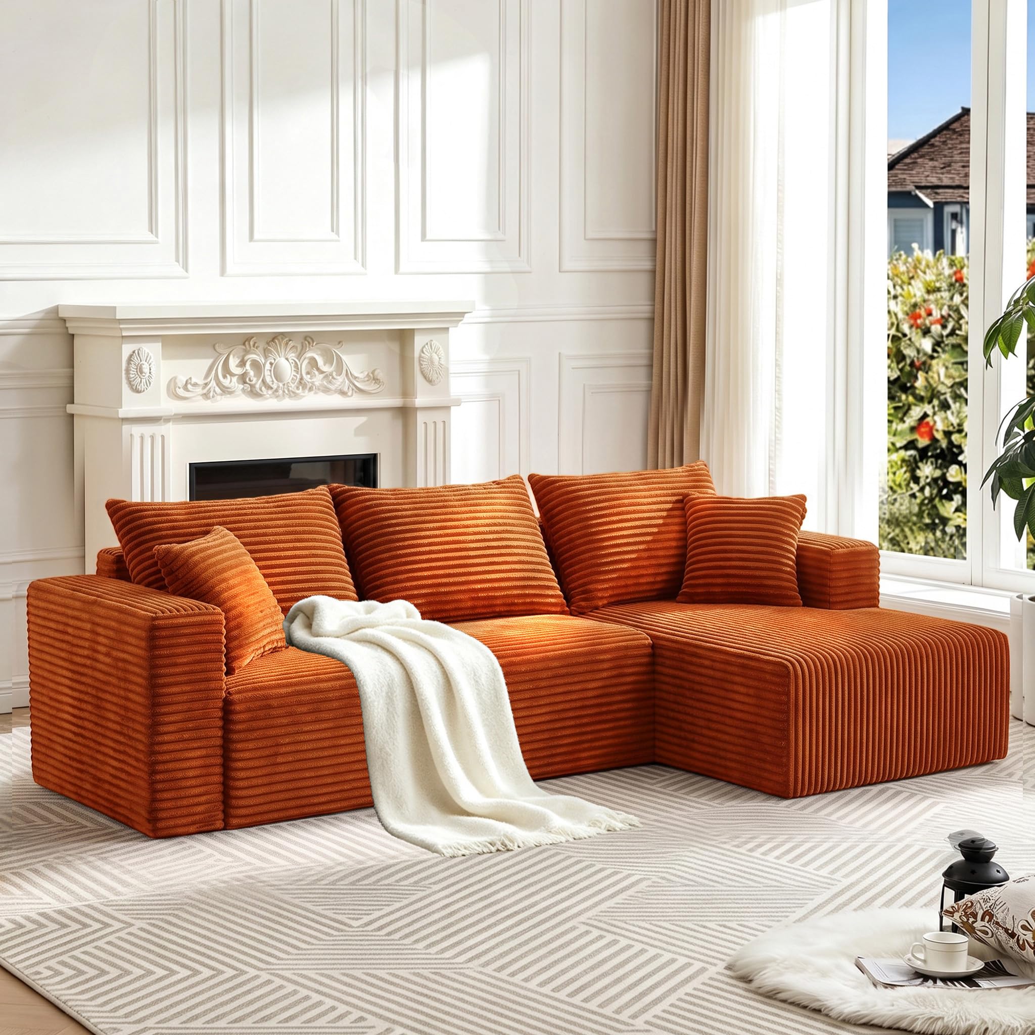 93" Boneless Couch, Modular Sectional Sofa for Living Room, Orange