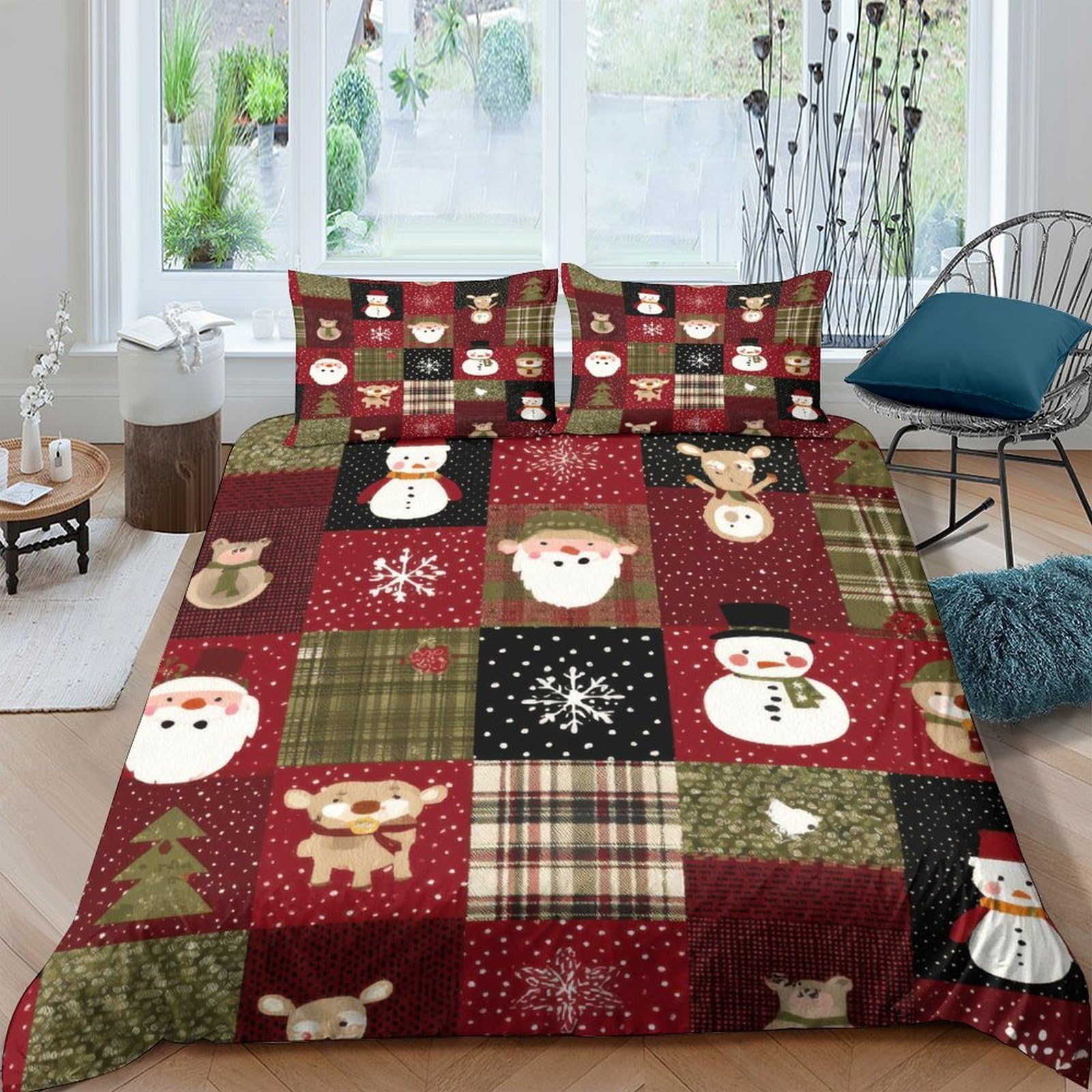Ctjqhvkz Style-5 3D Printed Christmas Patchwork Fitted Sheet Microfiber Red Green Plaid Santa Reindeer Bed Cover For All Bedroom Decor Single（135X200cm）