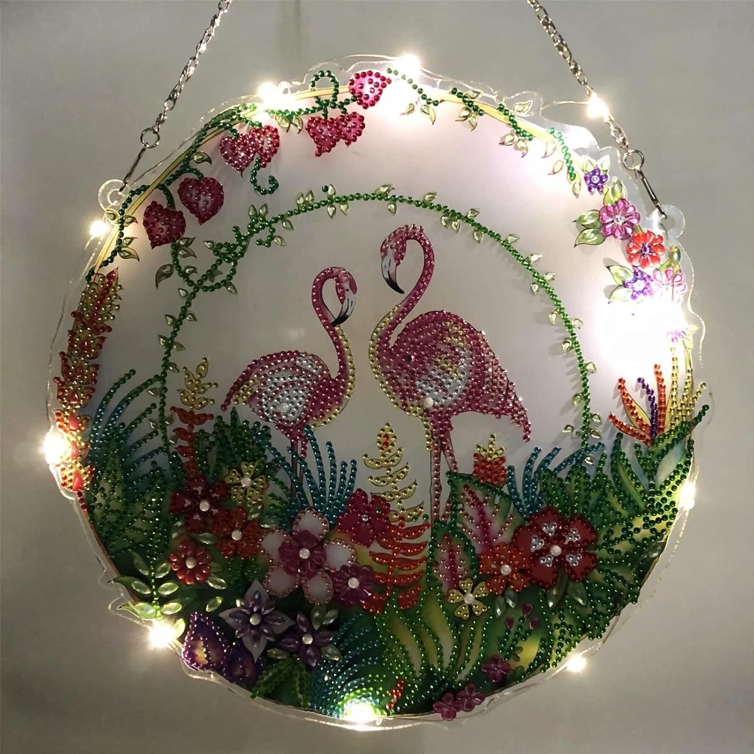 5D DIY Flamingo Flowers Diamond Painting Wreath Kits with LED Light Special Shaped Crystal Rhinestone Wreath Mosaic Kits for Home Wall Decor (11 Inches Garland)