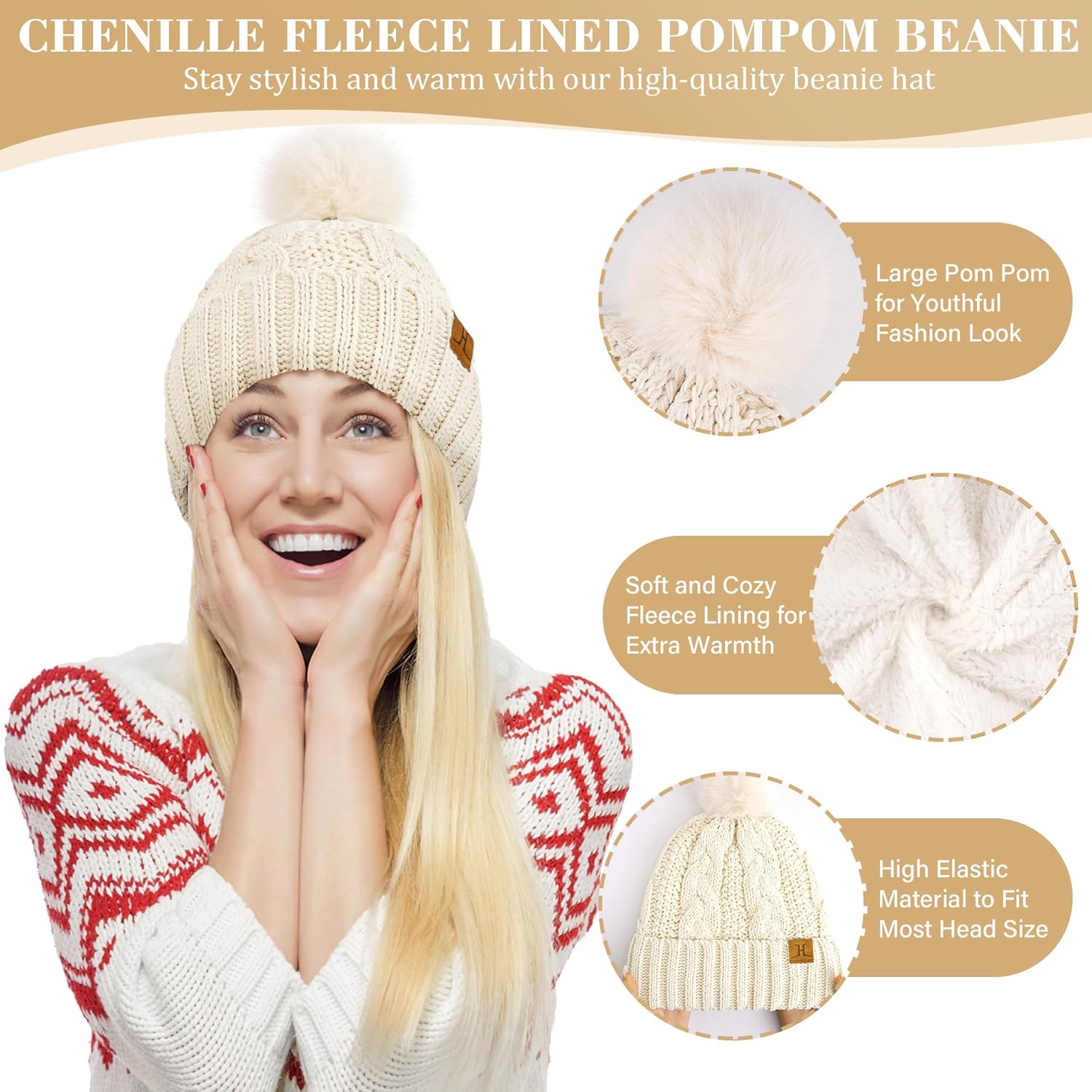 Womens Winter Beanie Hats Scarf Touchscreen Gloves Set Chenille Knit Fleece Lined Beanies Pompom Hat Scarves - Image 2